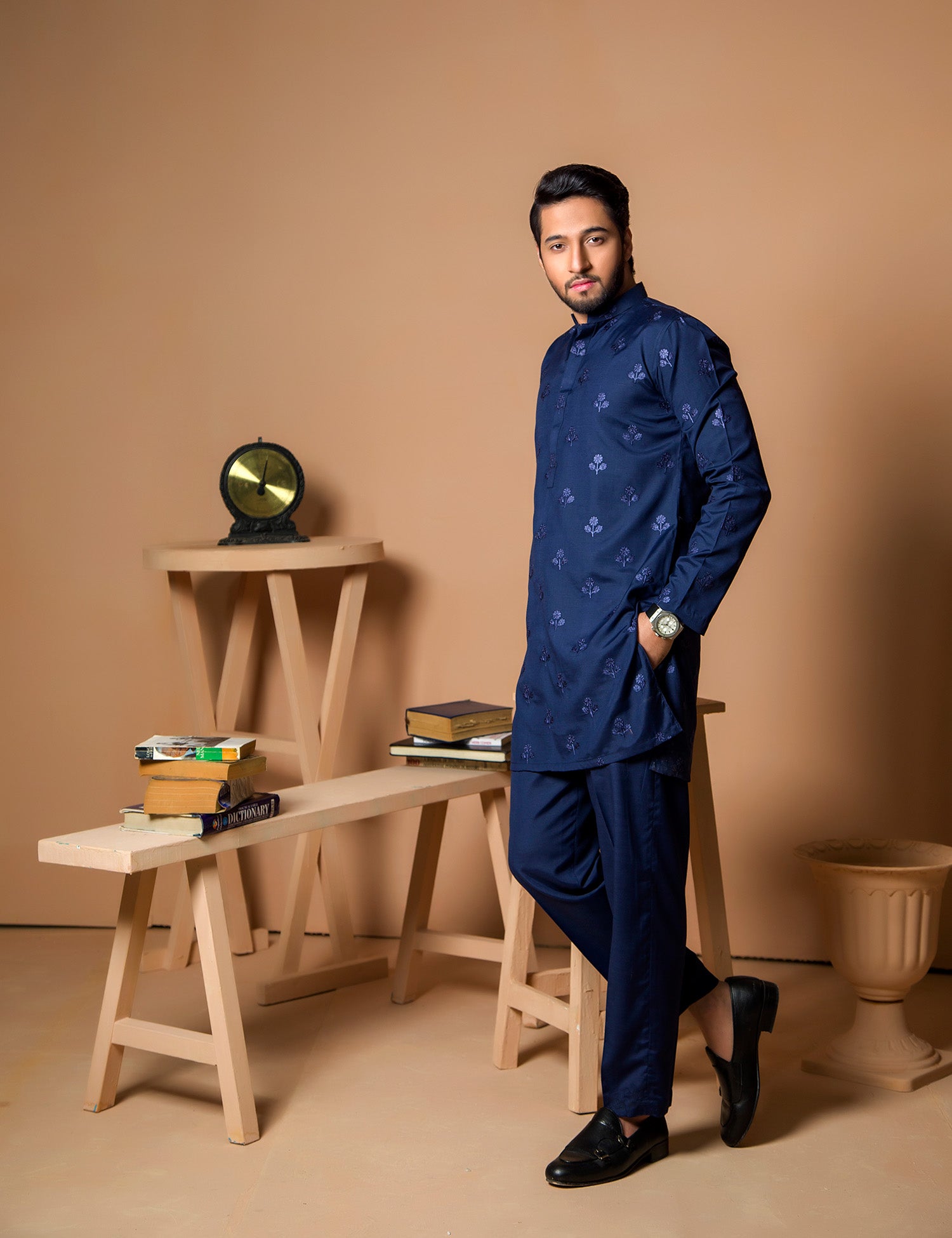 Dark Blue Embroidered Wash & Wear Kurta (2-Piece) - Image 1