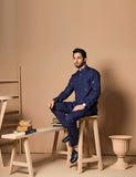 Dark Blue Embroidered Wash & Wear Kurta (2-Piece) - Image 3
