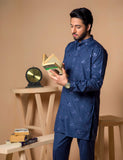 Dark Blue Embroidered Wash & Wear Kurta (2-Piece) - Image 4