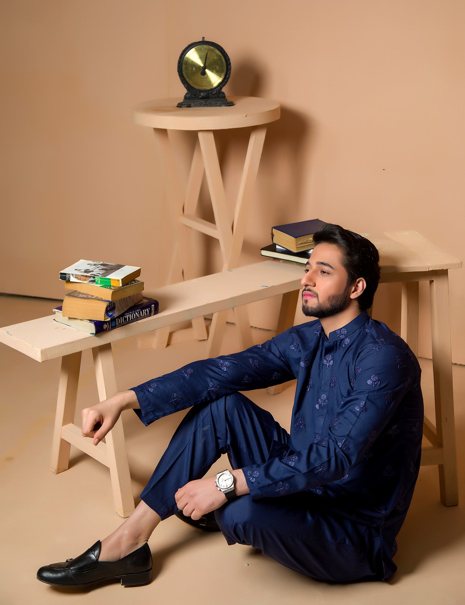 Dark Blue Embroidered Wash & Wear Kurta (2-Piece) - Image 5