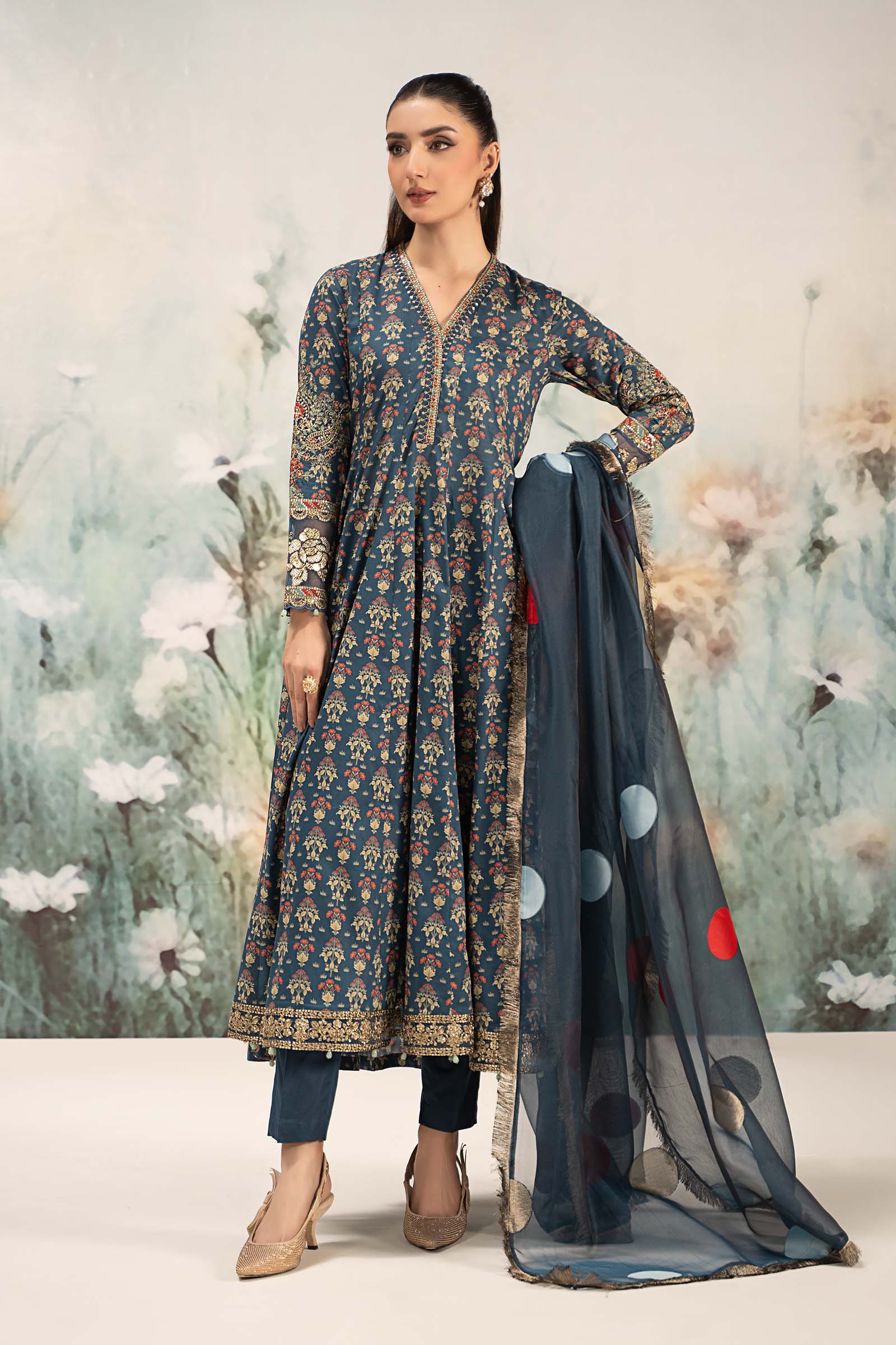 Pakistani Deep Blue Embroidered Lawn Panel Frock (3-Piece) - Image 1