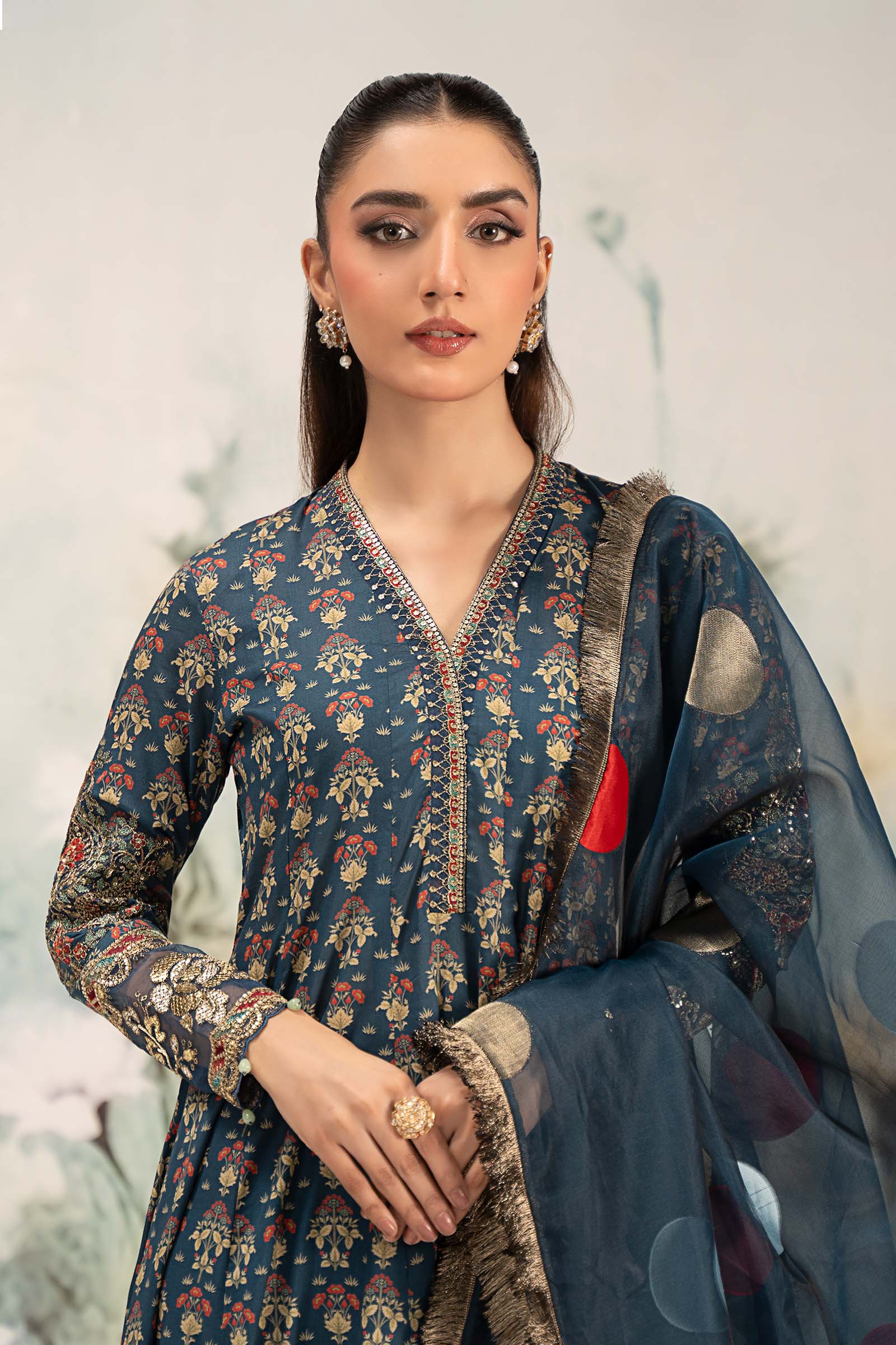 Pakistani Deep Blue Embroidered Lawn Panel Frock (3-Piece) - Image 2