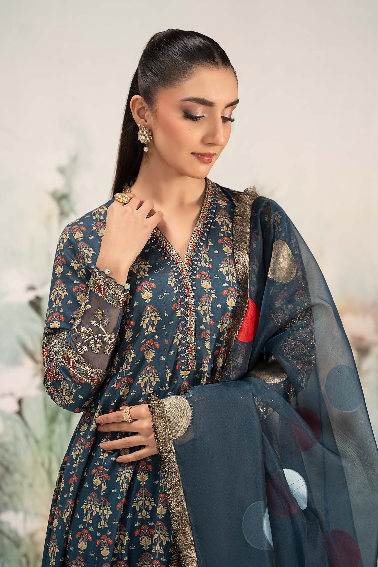 Pakistani Deep Blue Embroidered Lawn Panel Frock (3-Piece) - Image 3