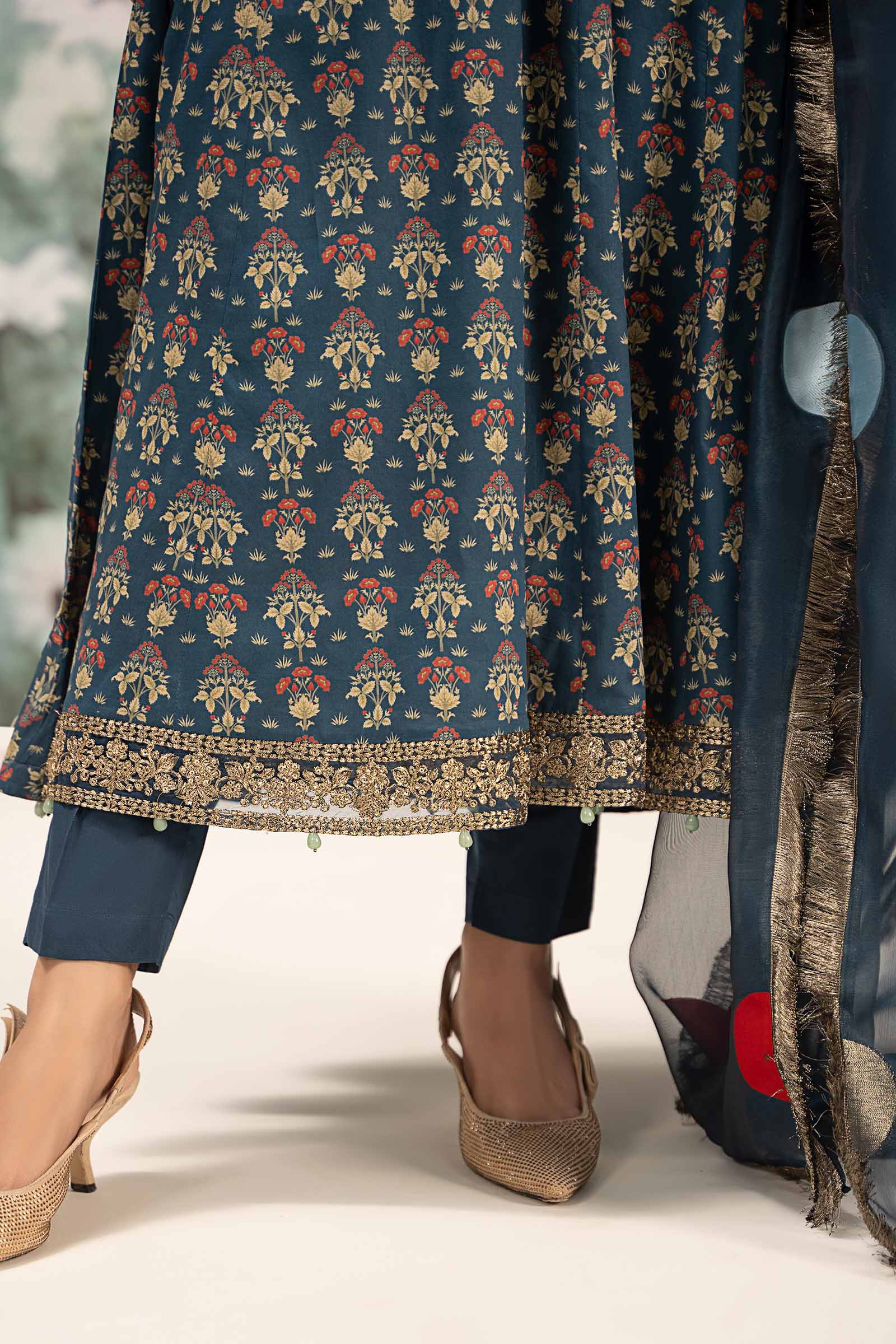Pakistani Deep Blue Embroidered Lawn Panel Frock (3-Piece) - Image 4