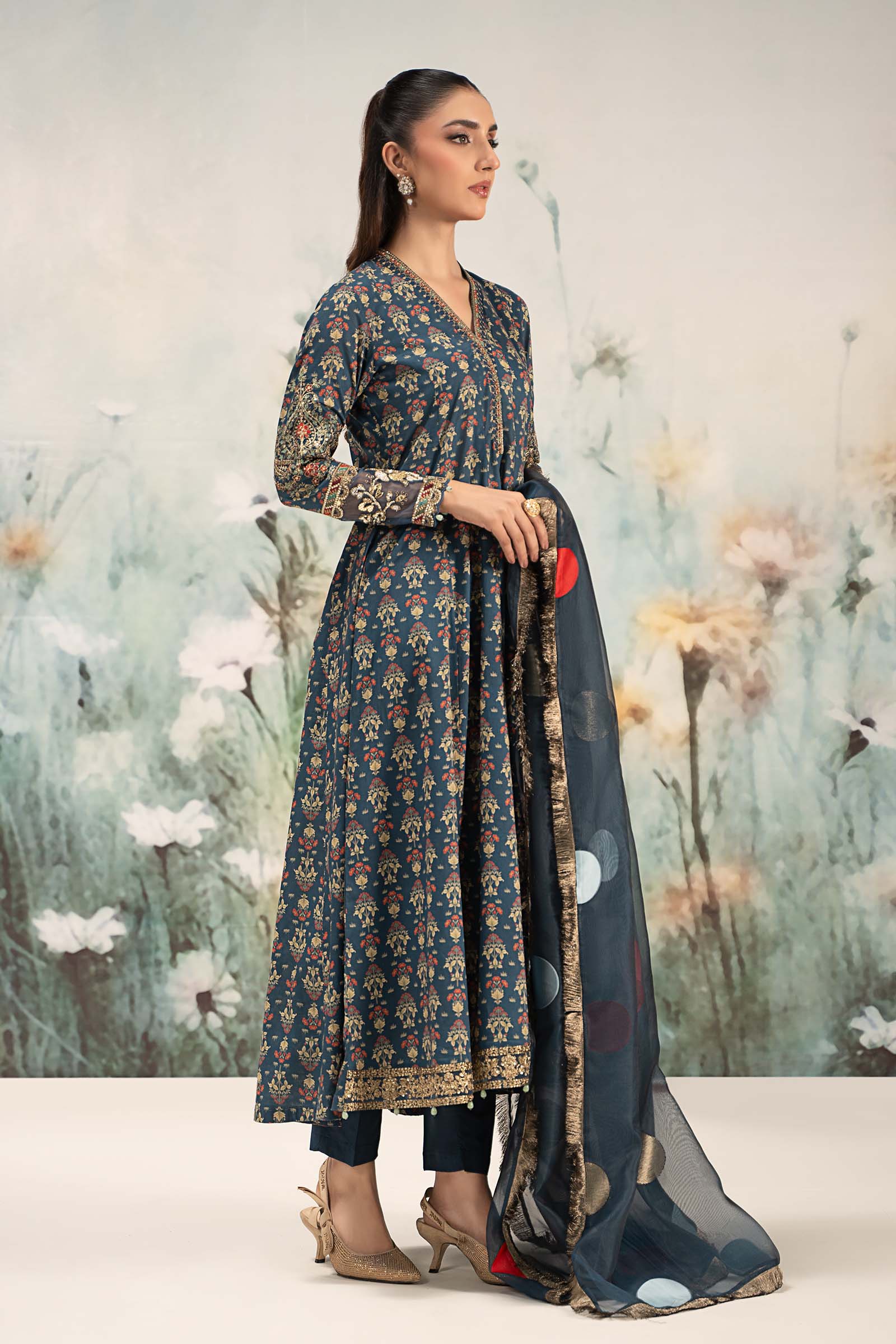 Pakistani Deep Blue Embroidered Lawn Panel Frock (3-Piece) - Image 5