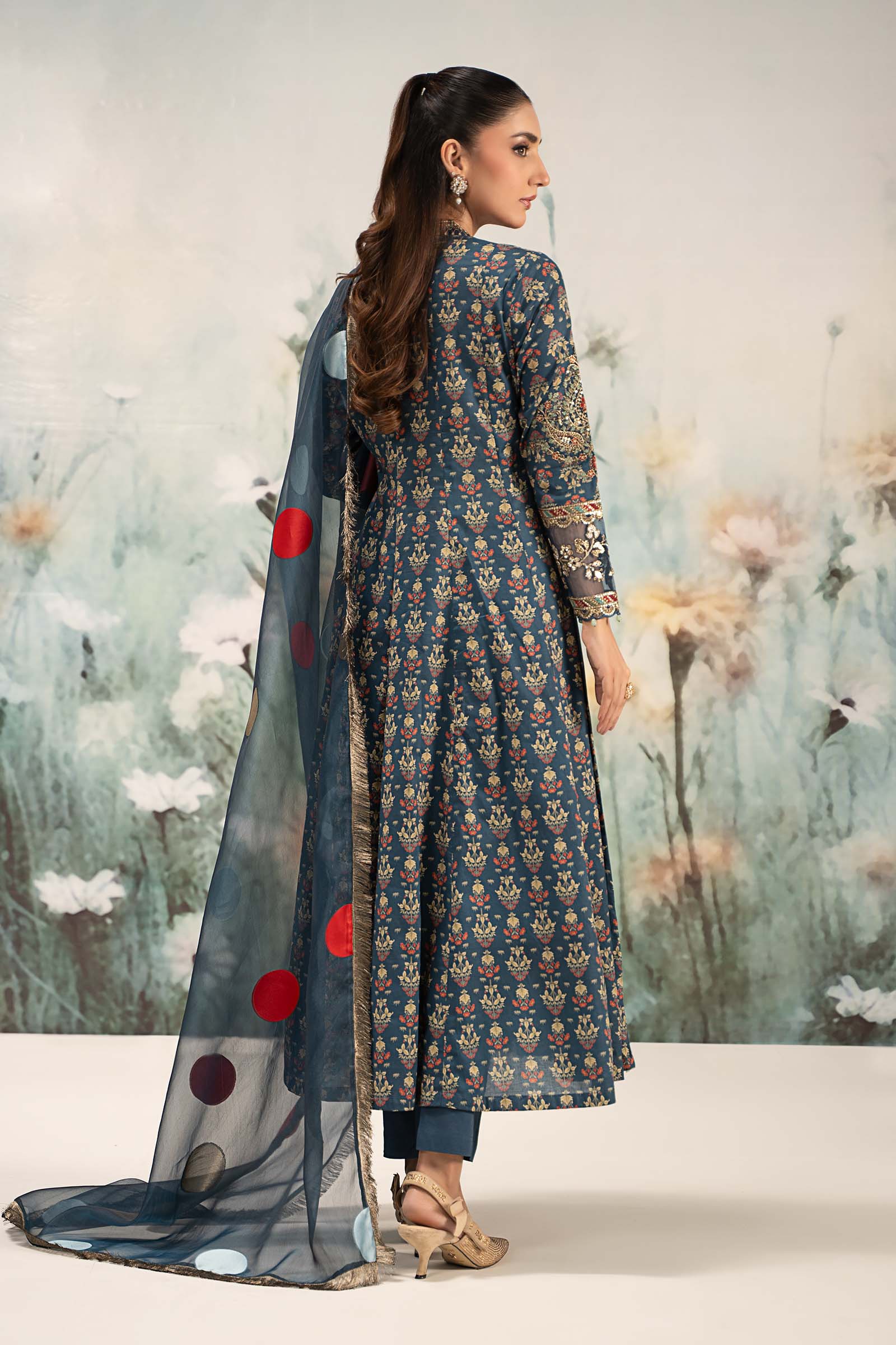 Pakistani Deep Blue Embroidered Lawn Panel Frock (3-Piece) - Image 6