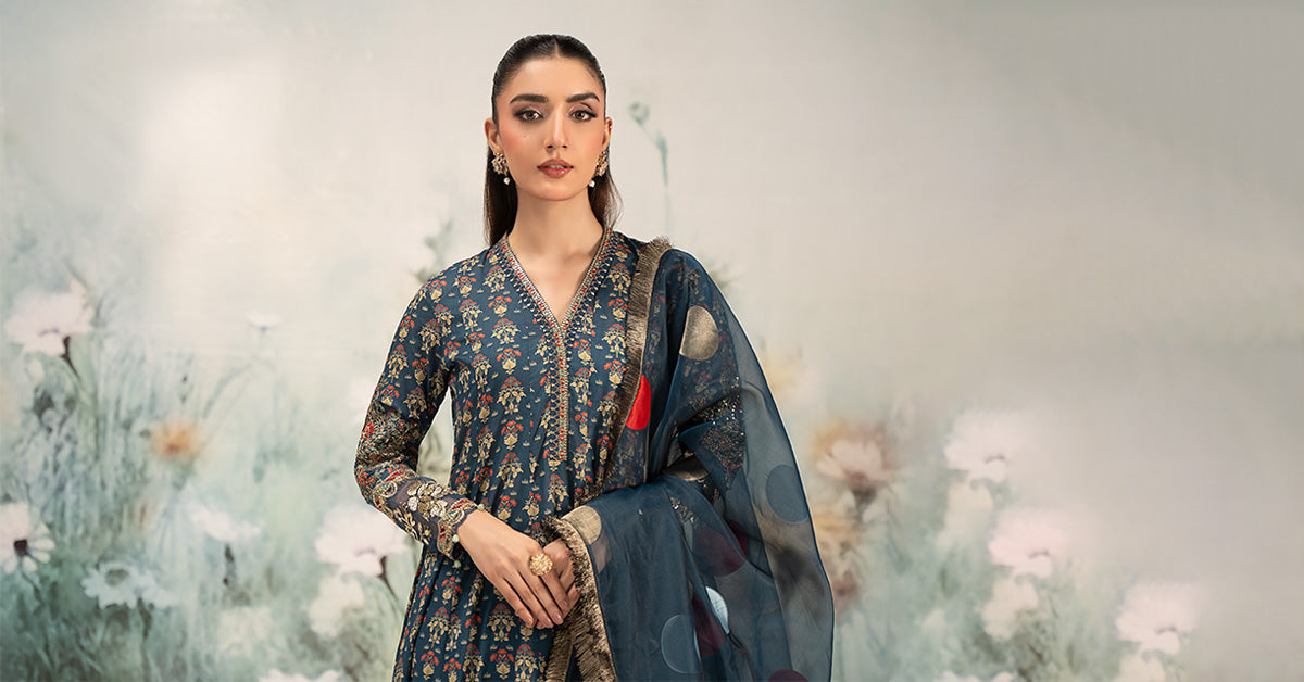 Pakistani Deep Blue Embroidered Lawn Panel Frock (3-Piece) - Image 7