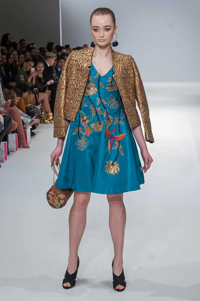 Teal Embroidered Silk Frock with Gold Brocade Jacket (2-Piece) - Image 1