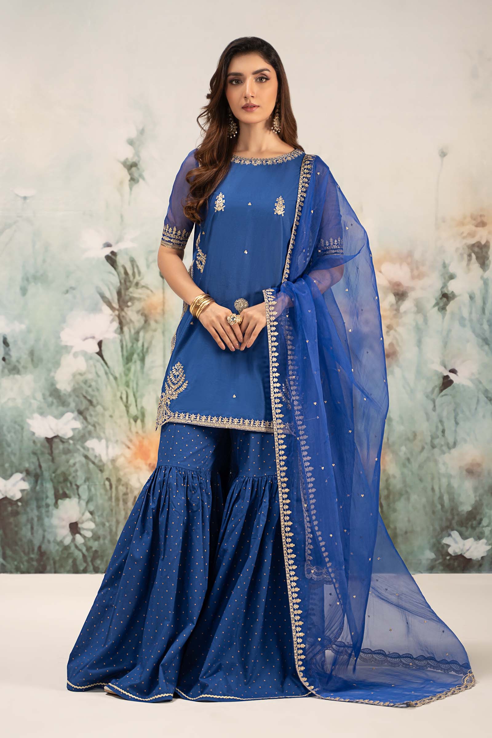 Blue Tilla Embroidered Lawn Gharara Set (3-Piece) - Image 1