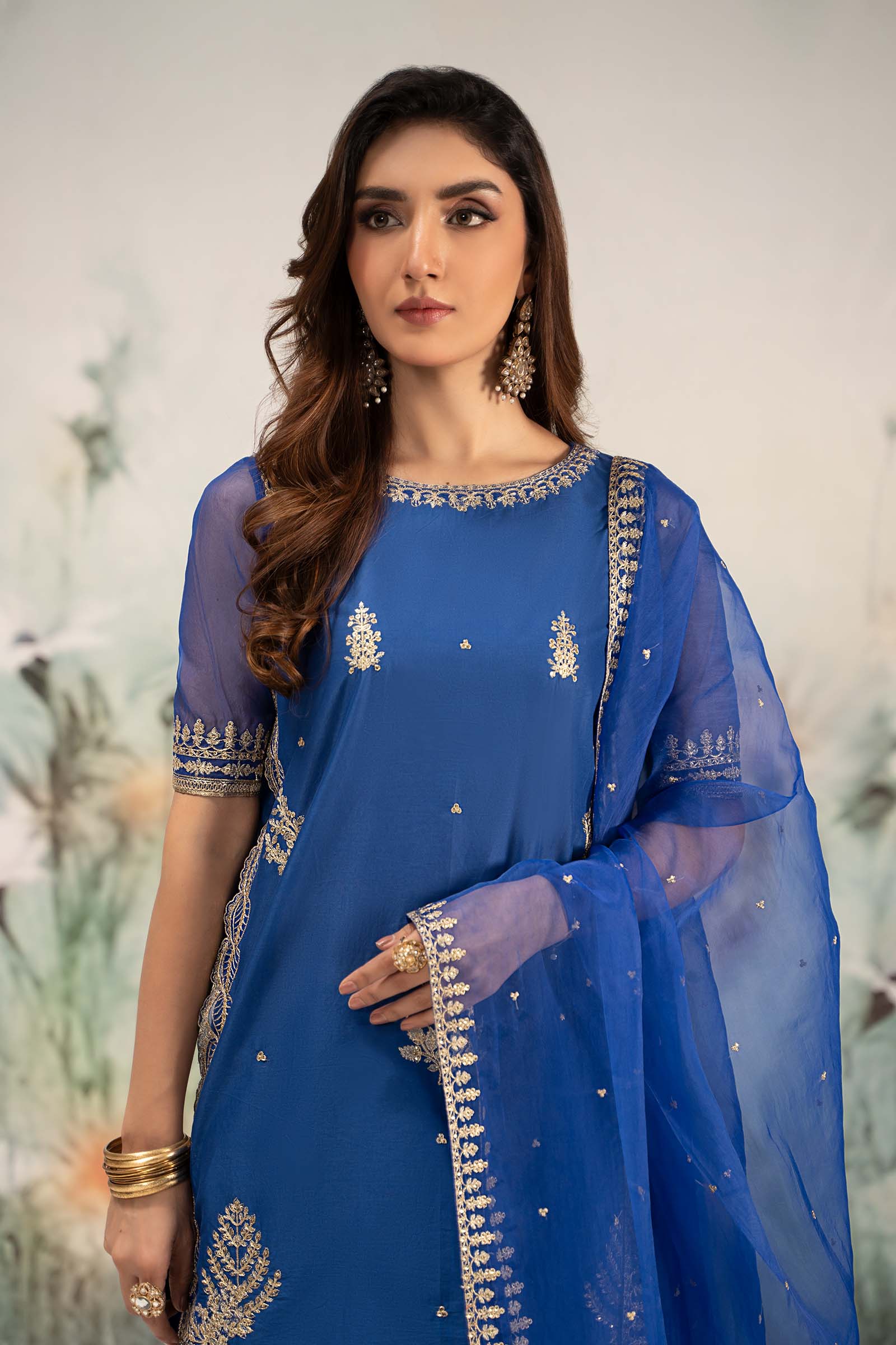 Blue Tilla Embroidered Lawn Gharara Set (3-Piece) - Image 2