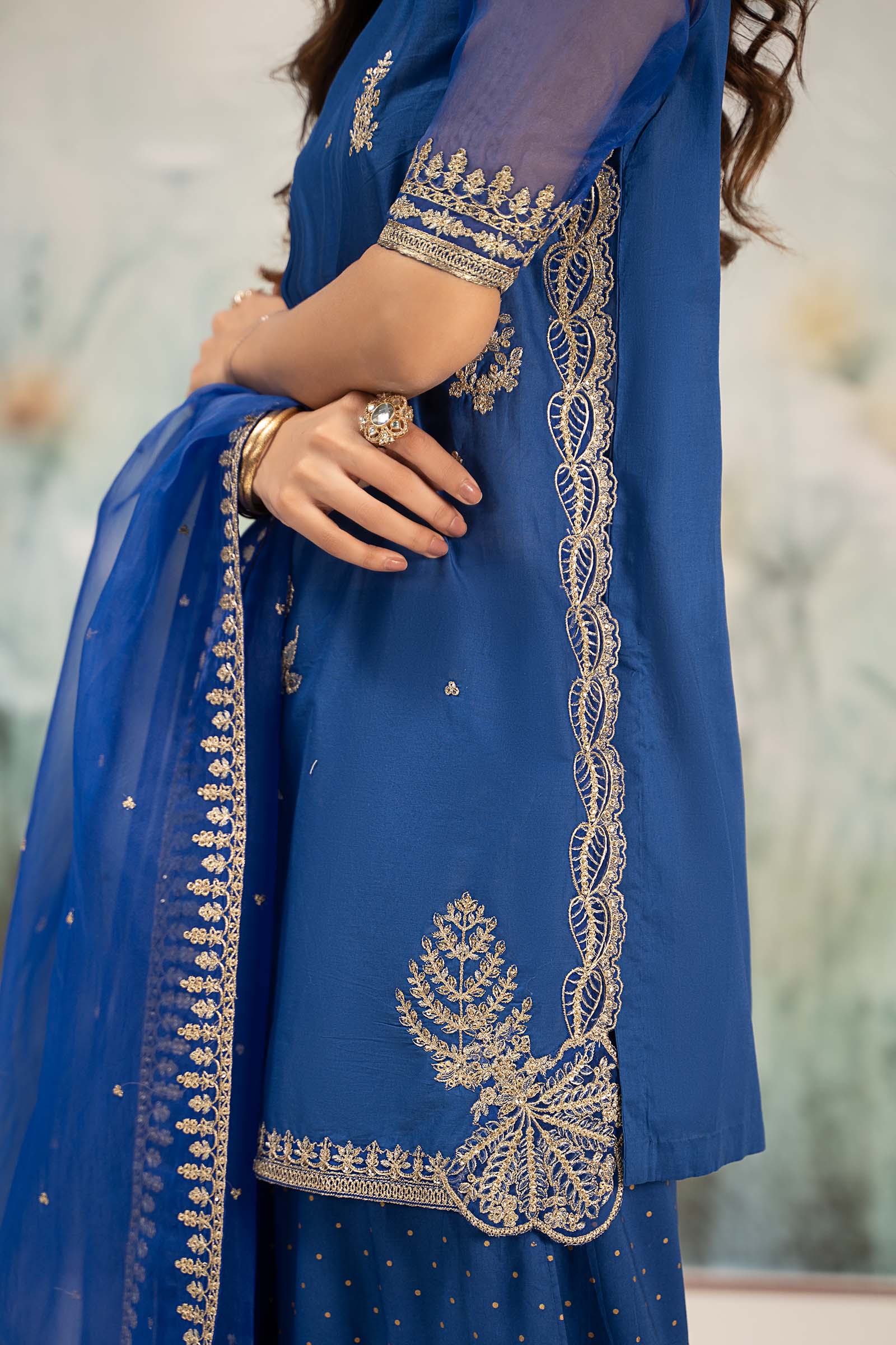 Blue Tilla Embroidered Lawn Gharara Set (3-Piece) - Image 4