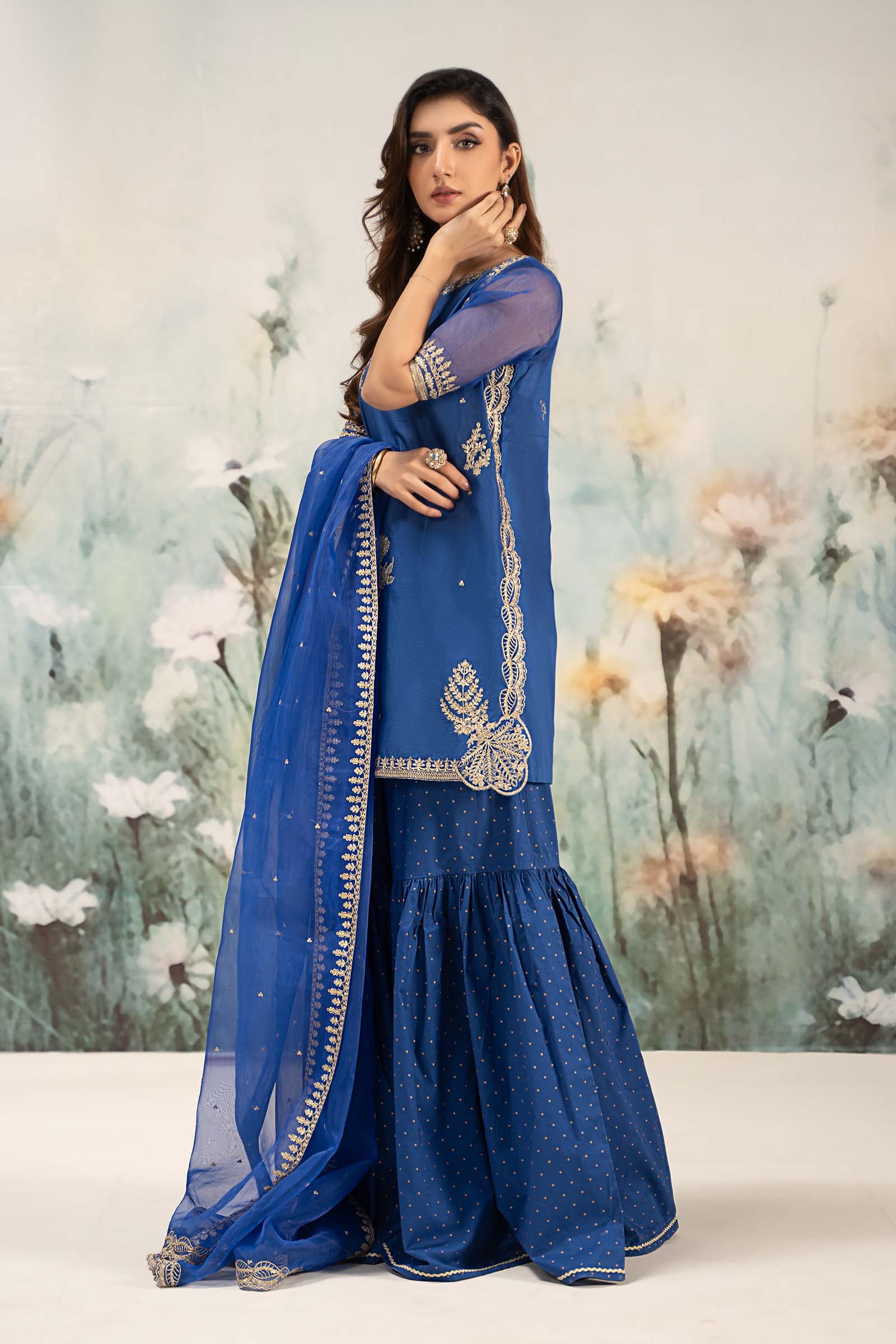 Blue Tilla Embroidered Lawn Gharara Set (3-Piece) - Image 5