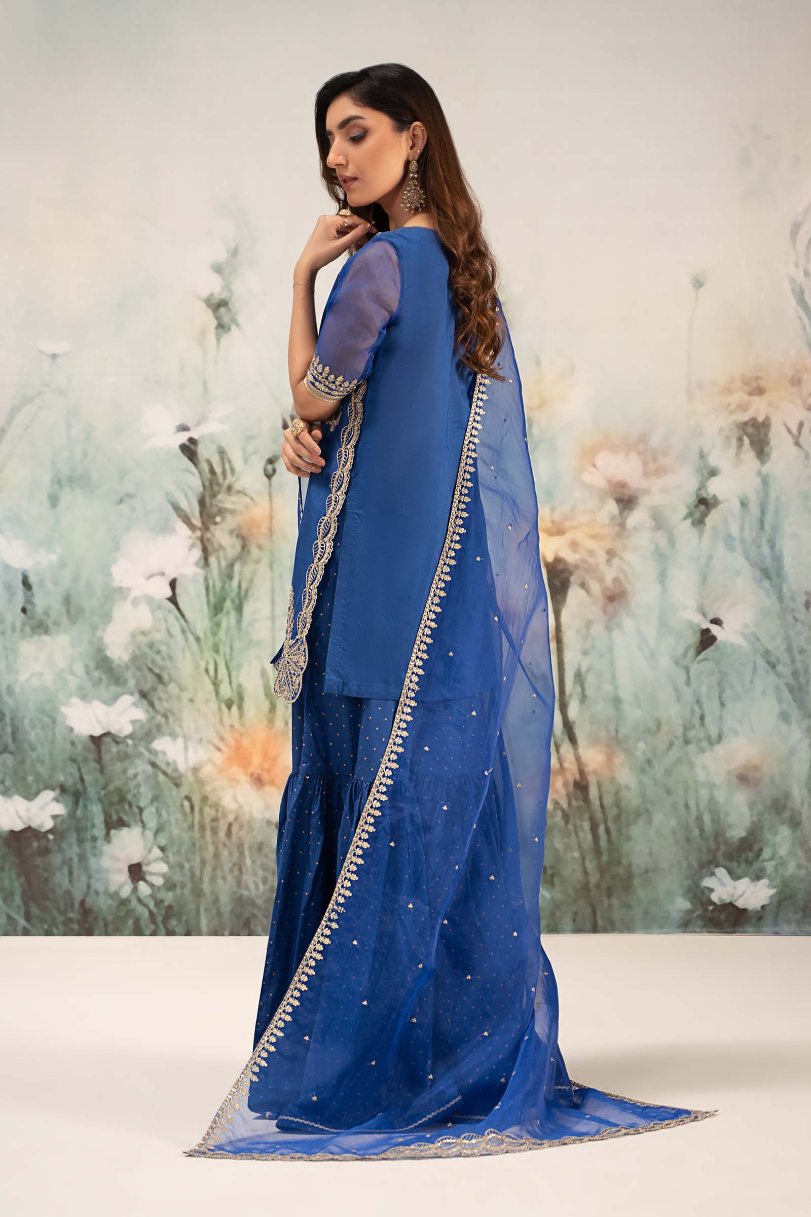 Blue Tilla Embroidered Lawn Gharara Set (3-Piece) - Image 6