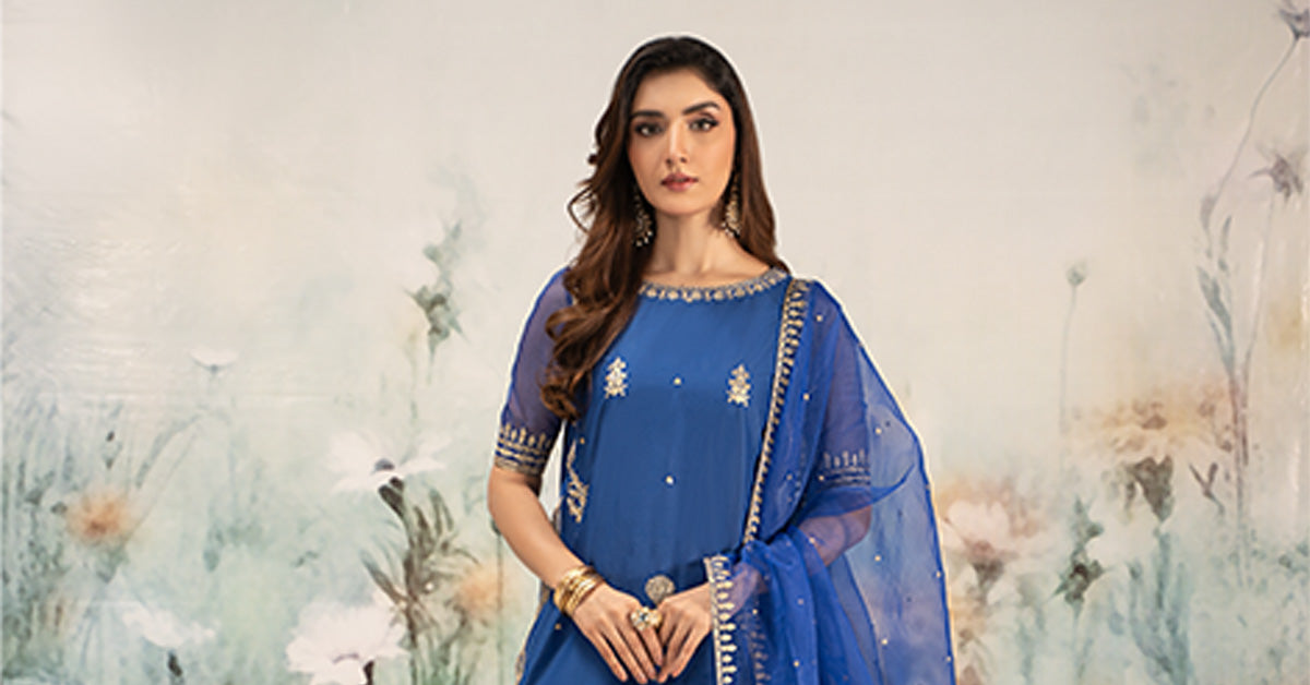 Blue Tilla Embroidered Lawn Gharara Set (3-Piece) - Image 7