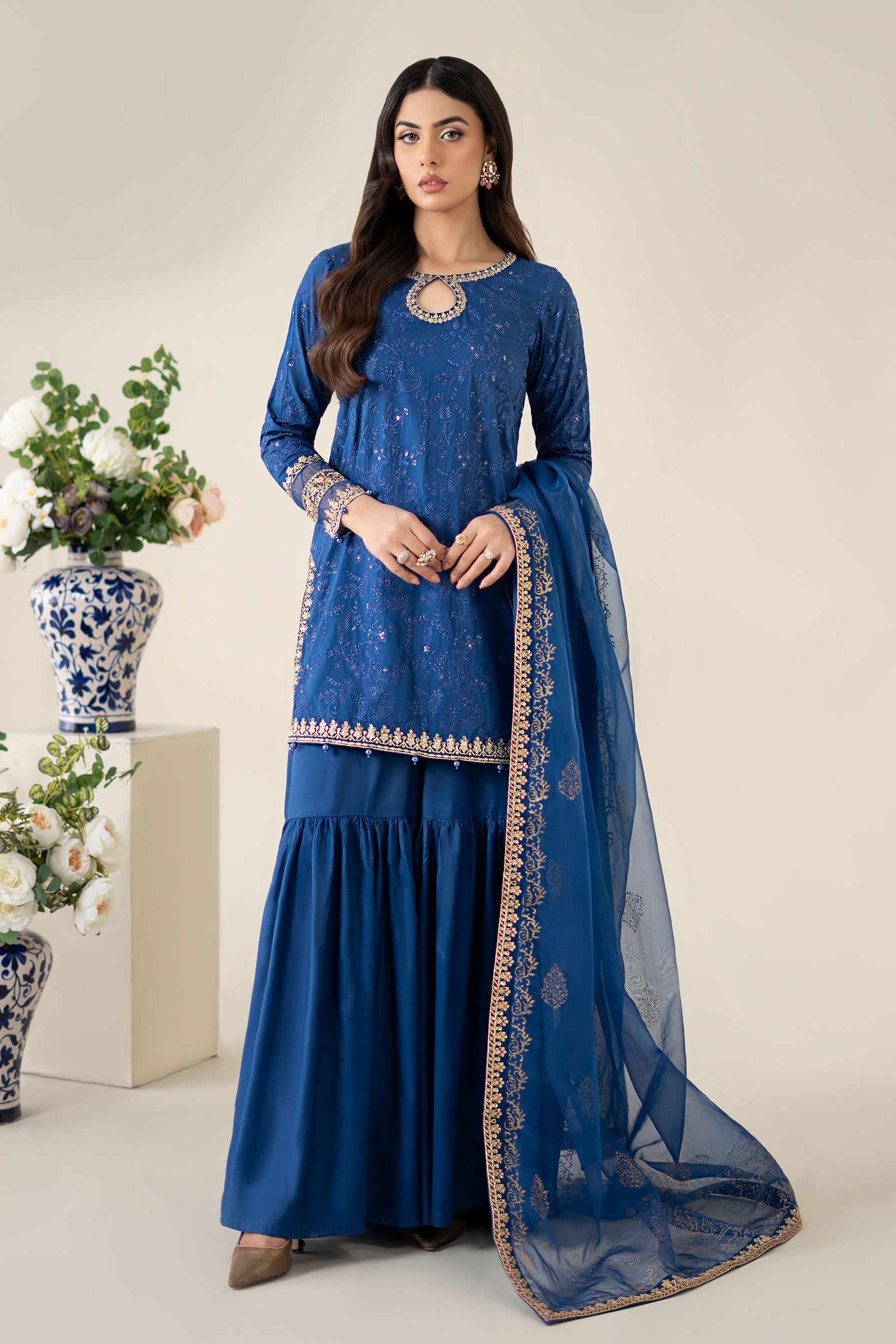 Pakistani Blue Embroidered Lawn & Raw Silk Gharara (3-Piece) - Image 1