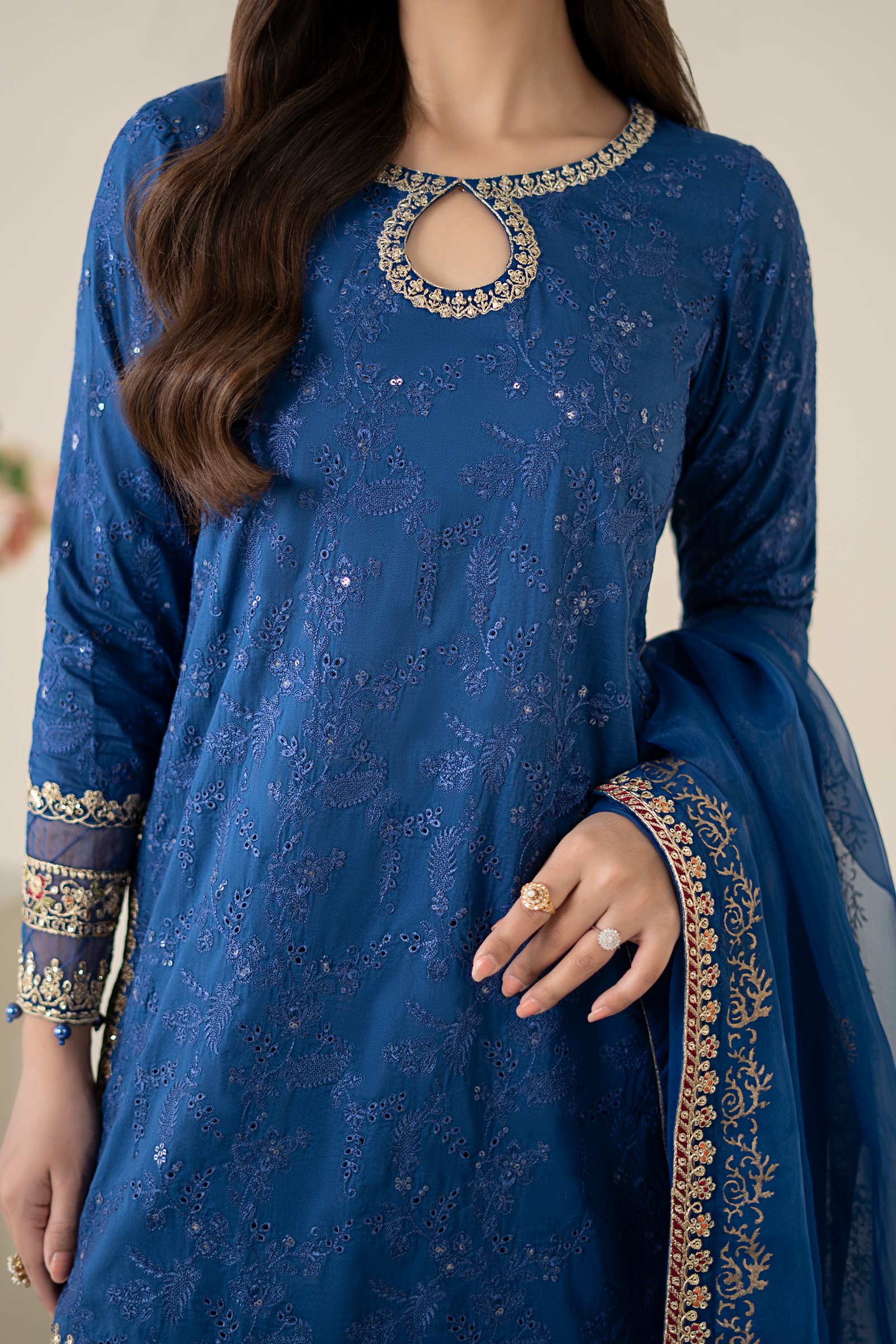 Pakistani Blue Embroidered Lawn & Raw Silk Gharara (3-Piece) - Image 3