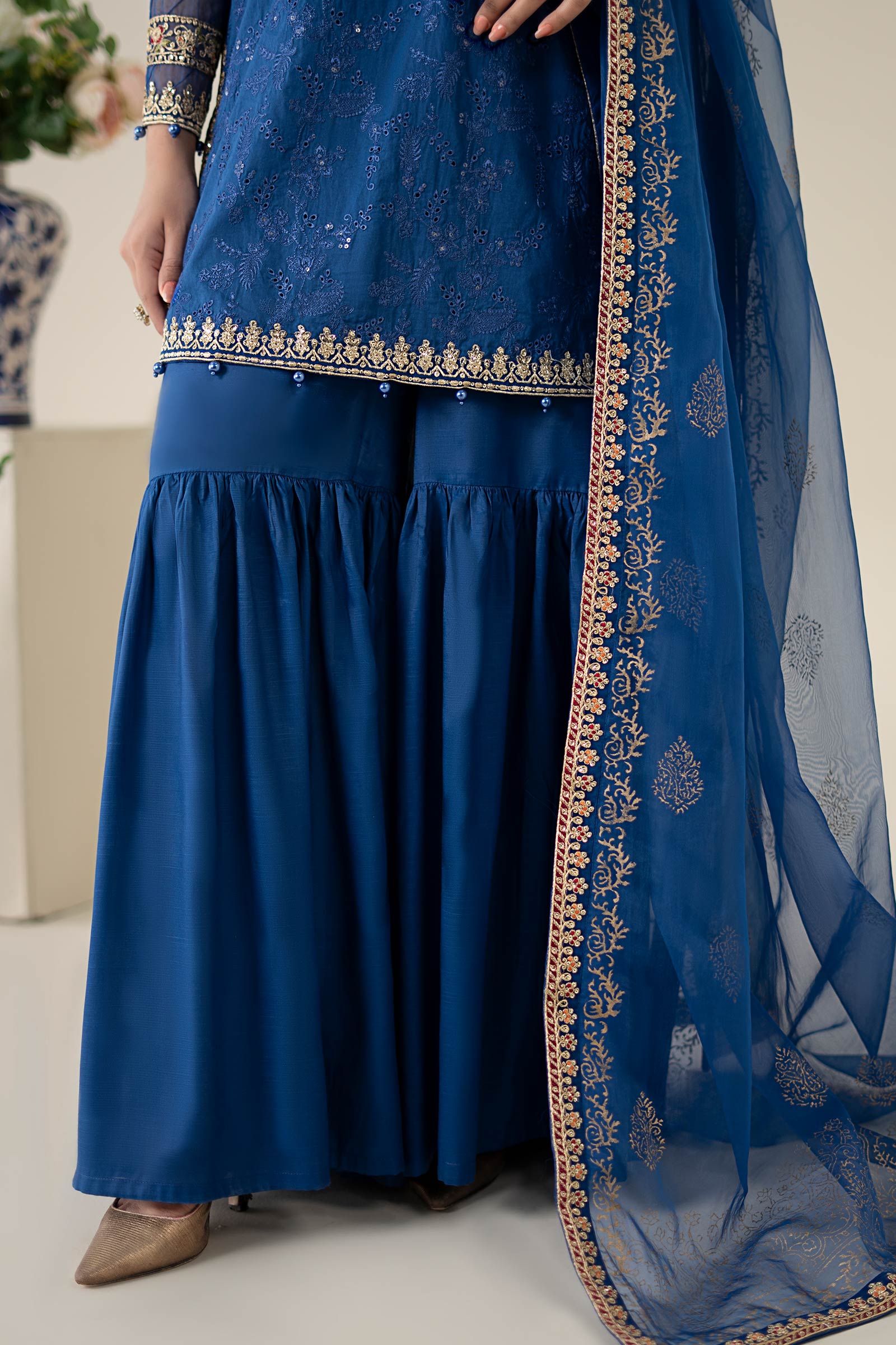 Pakistani Blue Embroidered Lawn & Raw Silk Gharara (3-Piece) - Image 4