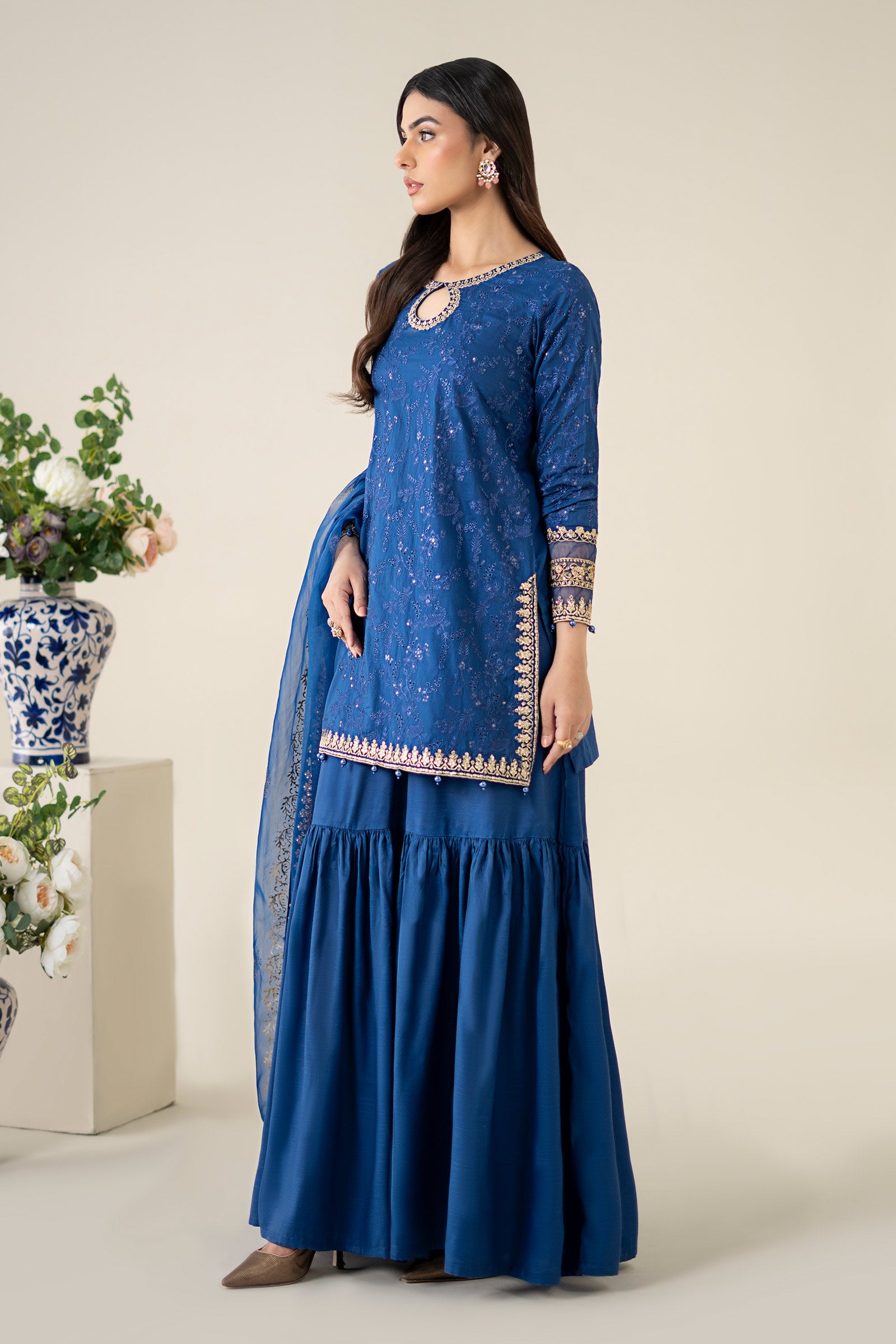 Pakistani Blue Embroidered Lawn & Raw Silk Gharara (3-Piece) - Image 5