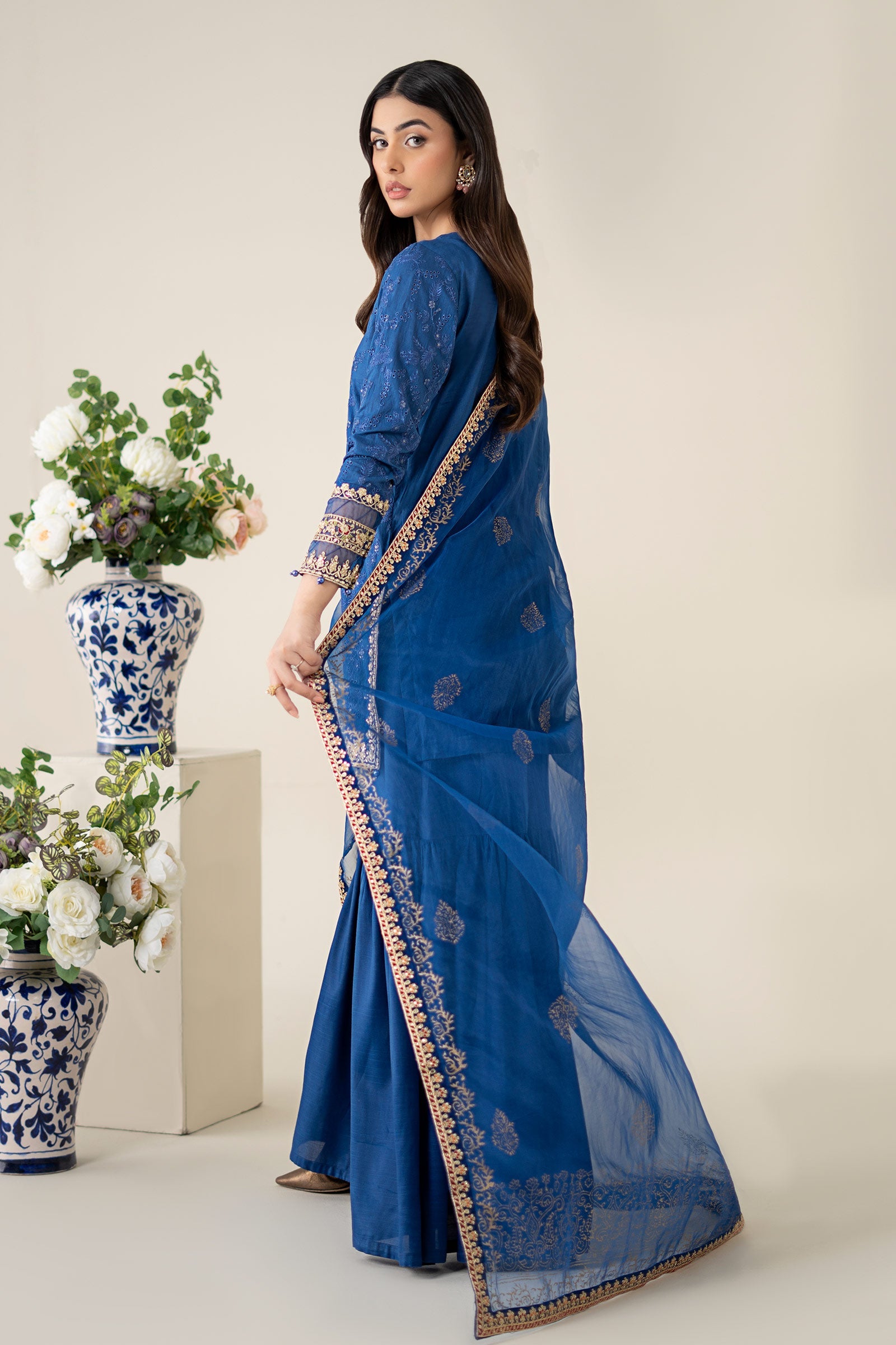 Pakistani Blue Embroidered Lawn & Raw Silk Gharara (3-Piece) - Image 6