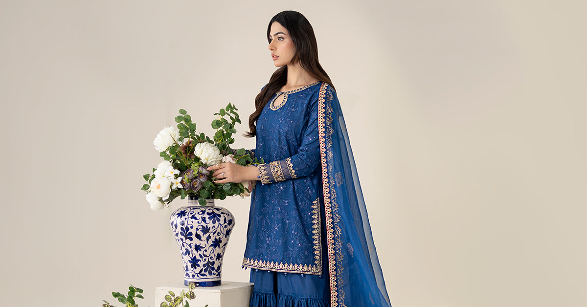 Pakistani Blue Embroidered Lawn & Raw Silk Gharara (3-Piece) - Image 7