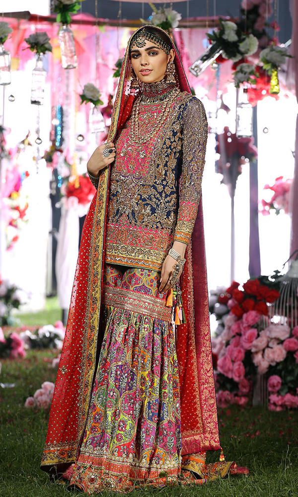 Pakistani Dark Blue Zardozi Silk Short Shirt Gharara (3-Piece) - Image 2