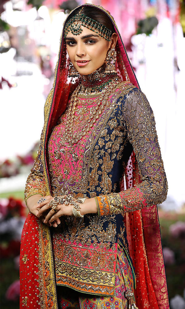 Pakistani Dark Blue Zardozi Silk Short Shirt Gharara (3-Piece) - Image 3