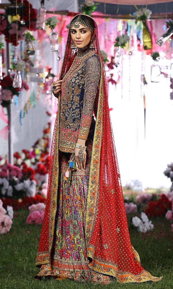 Pakistani Dark Blue Zardozi Silk Short Shirt Gharara (3-Piece) - Image 4