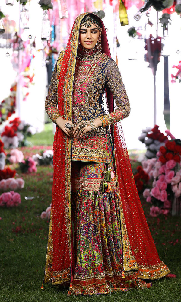 Pakistani Dark Blue Zardozi Silk Short Shirt Gharara (3-Piece) - Image 5