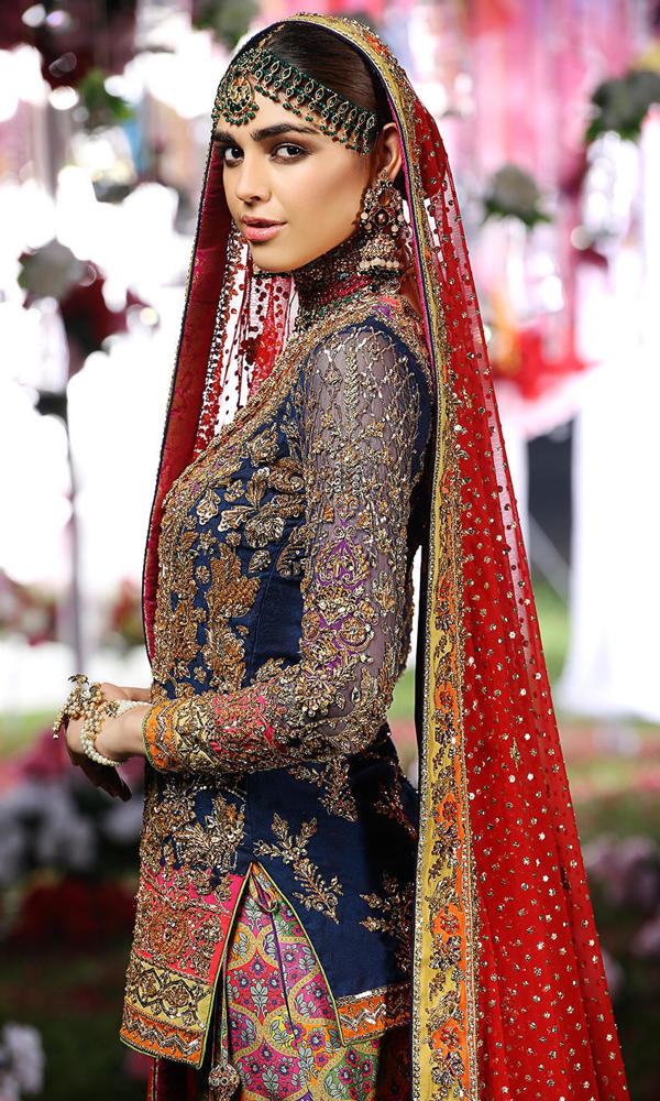 Pakistani Dark Blue Zardozi Silk Short Shirt Gharara (3-Piece) - Image 6