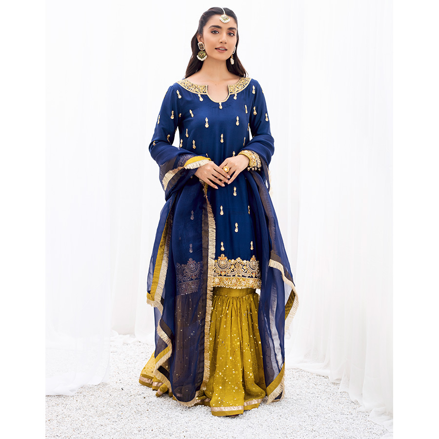 Midnight Blue Embroidered Tissue Silk Gharara (3-Piece) - Image 1