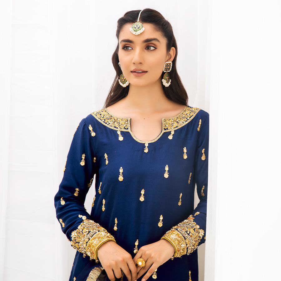 Midnight Blue Embroidered Tissue Silk Gharara (3-Piece) - Image 2