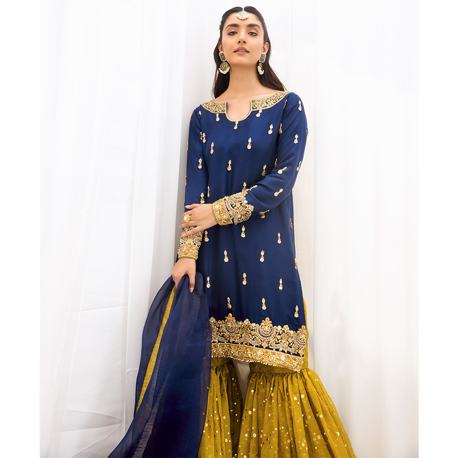 Midnight Blue Embroidered Tissue Silk Gharara (3-Piece) - Image 3
