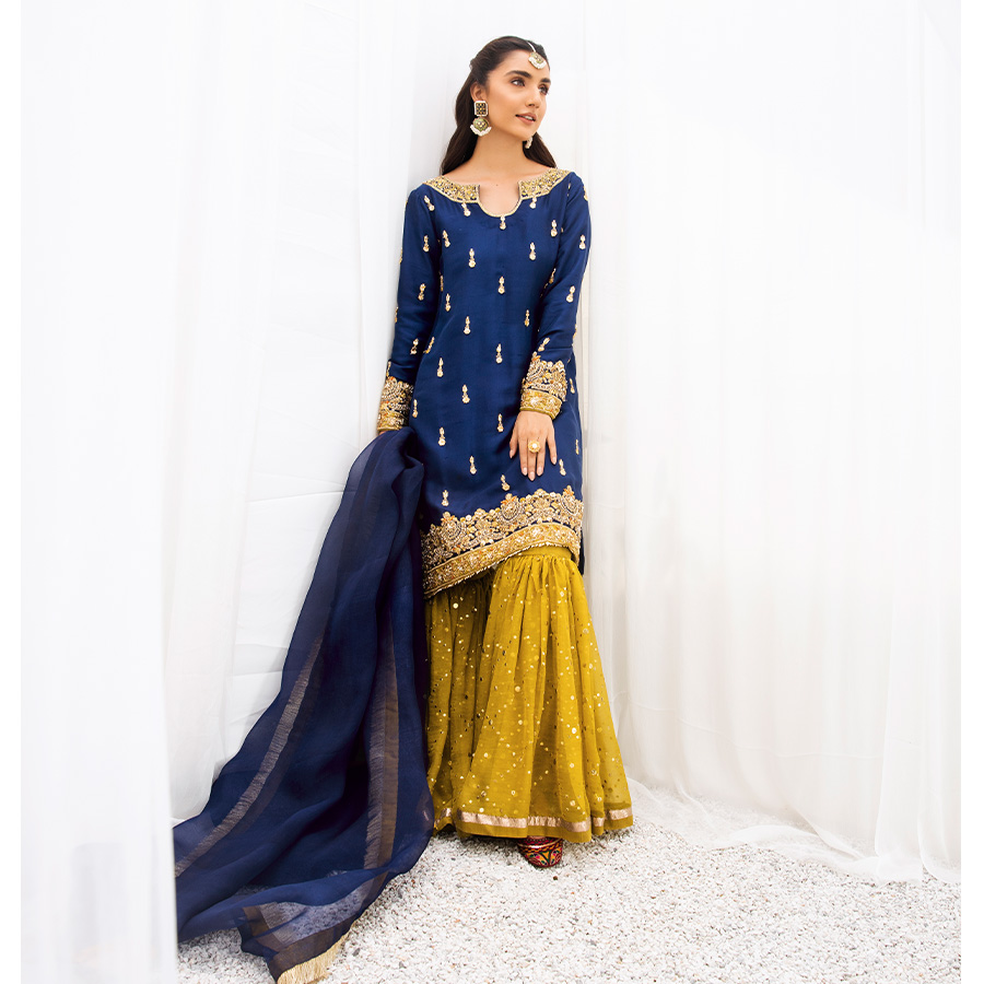 Midnight Blue Embroidered Tissue Silk Gharara (3-Piece) - Image 4