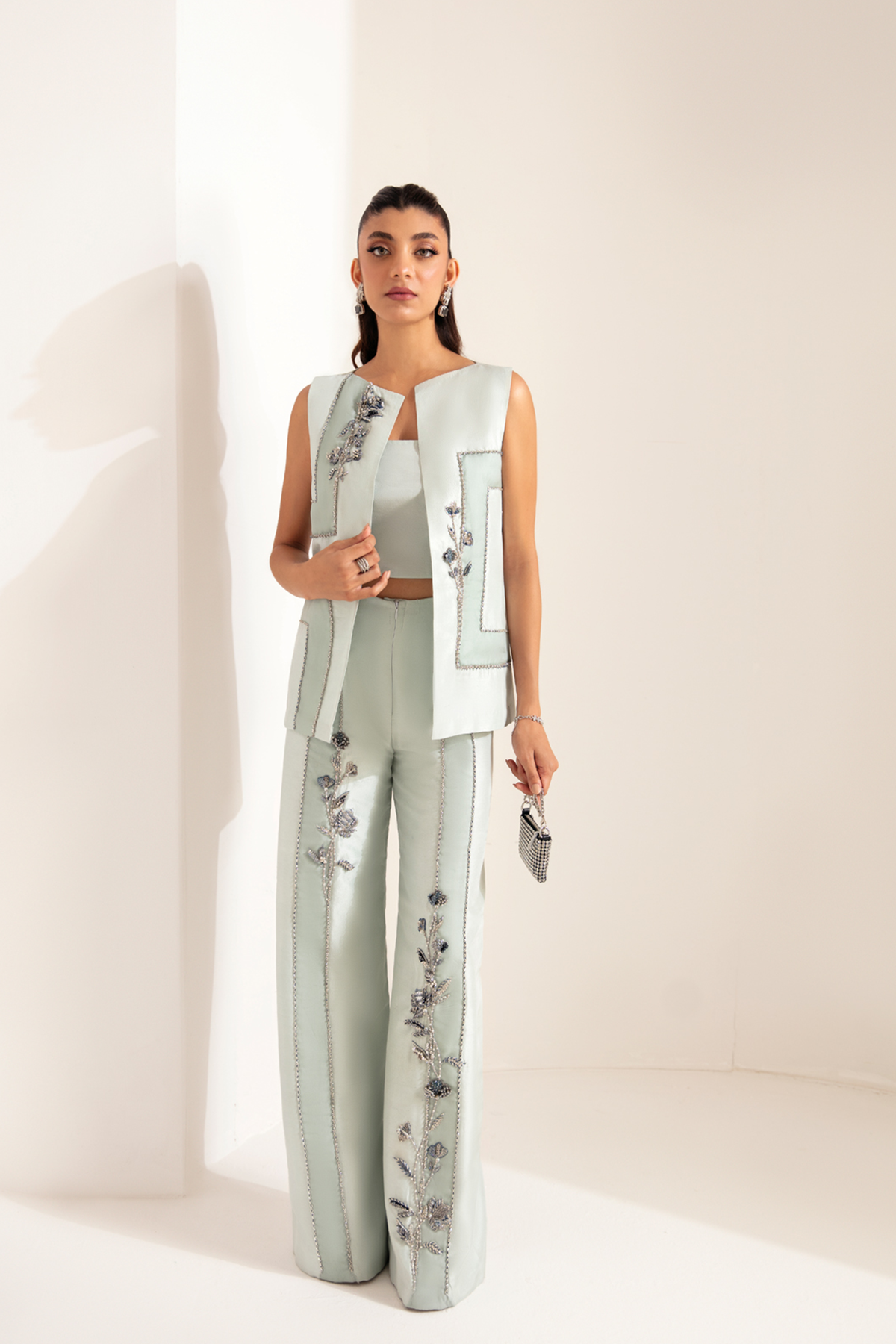 Pakistani Ice Blue Hand-Embellished Raw Silk Jacket Set (3-Piece) - Image 1