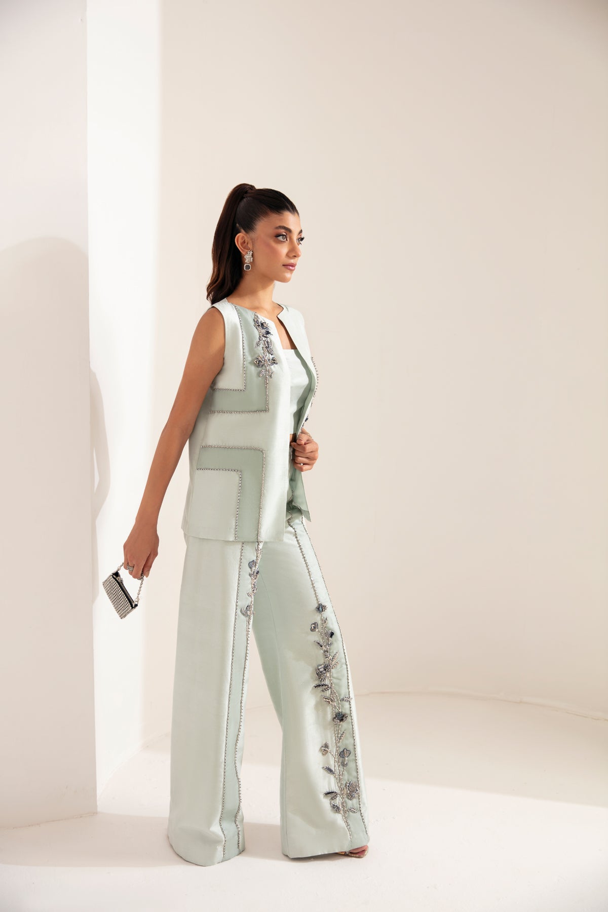 Pakistani Ice Blue Hand-Embellished Raw Silk Jacket Set (3-Piece) - Image 2