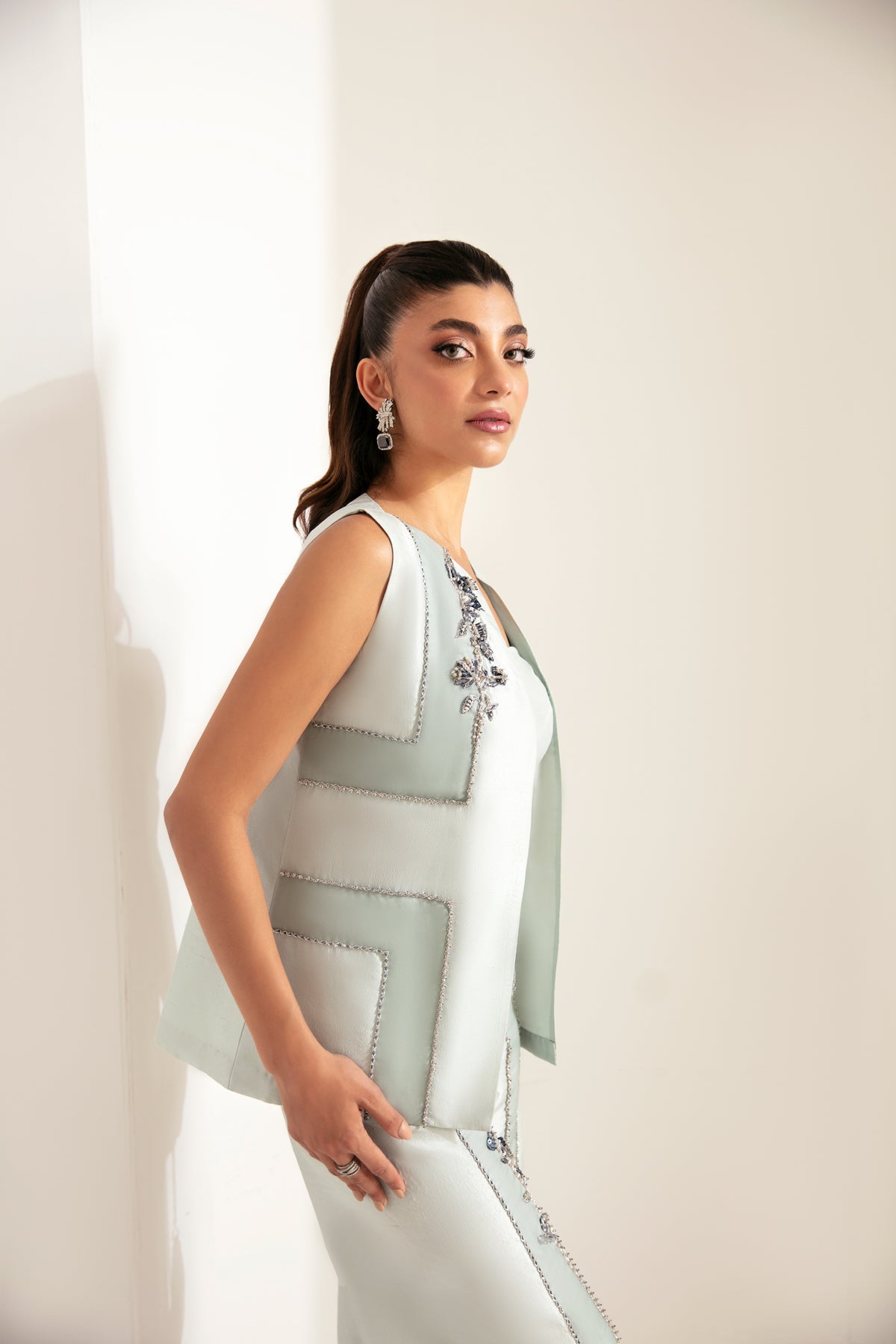 Pakistani Ice Blue Hand-Embellished Raw Silk Jacket Set (3-Piece) - Image 4