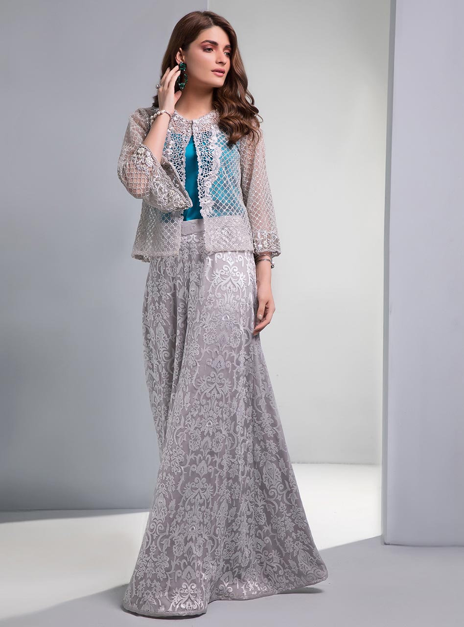 Pakistani Aqua Blue Embroidered Net Chiffon Jacket & Flared Pants (2-Piece) - Image 2