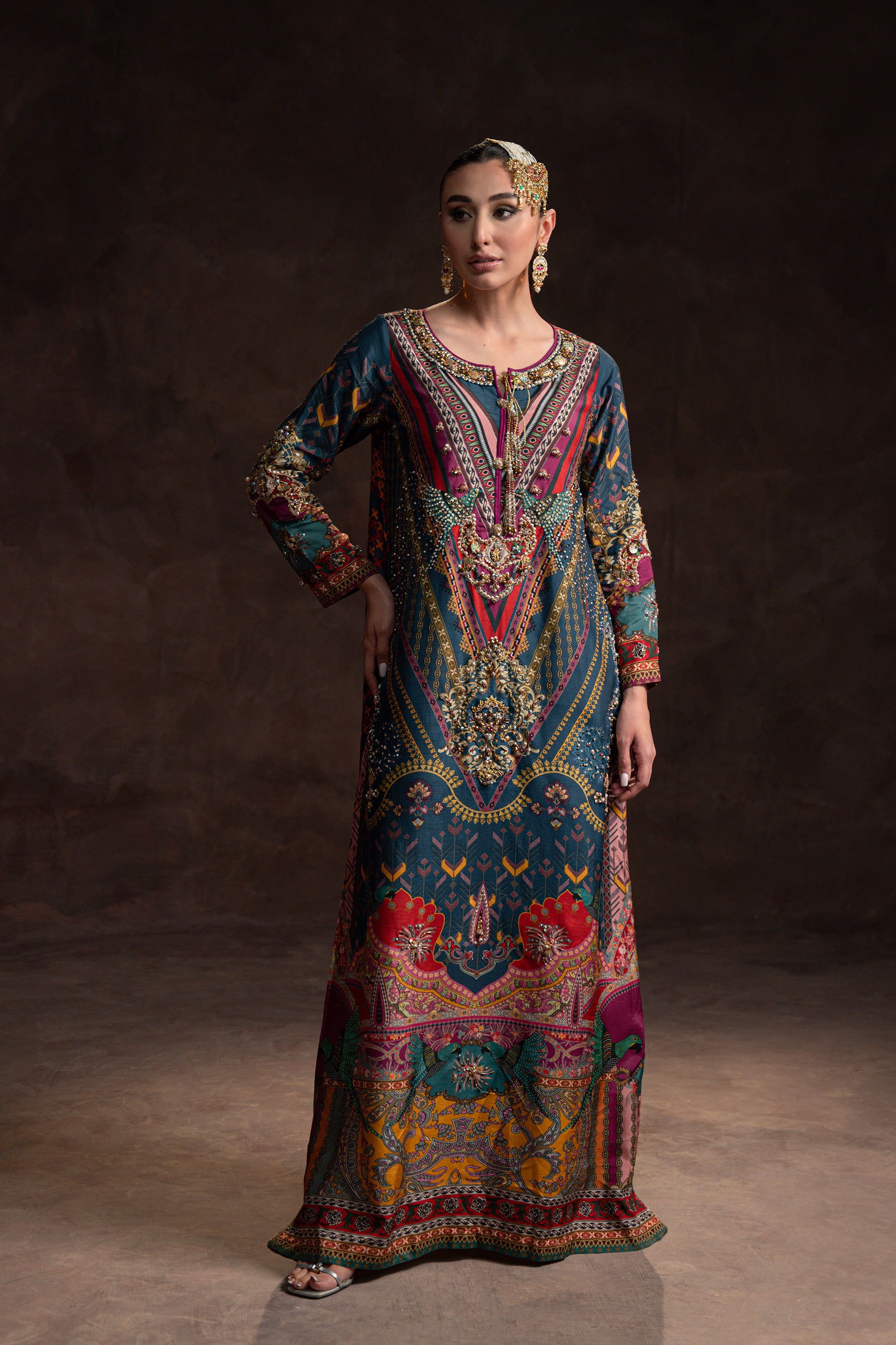 Multi-Blue Hand-Embellished Raw Silk Kaftan (2-Piece) - Image 1