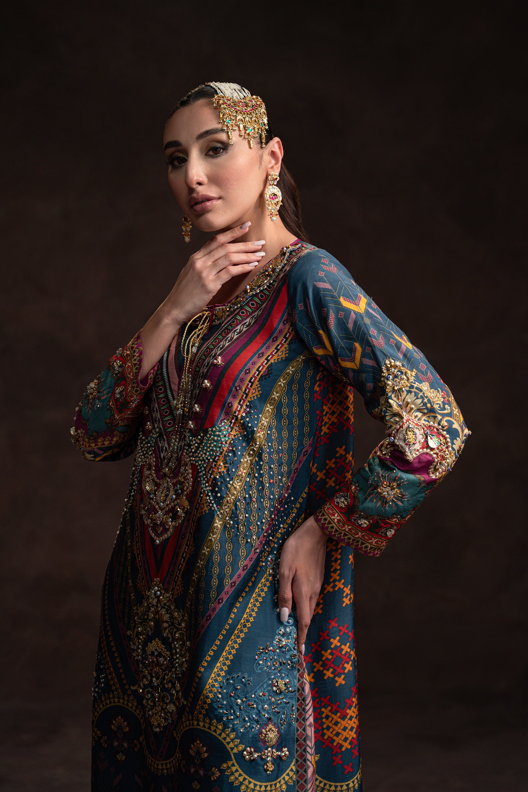 Multi-Blue Hand-Embellished Raw Silk Kaftan (2-Piece) - Image 4