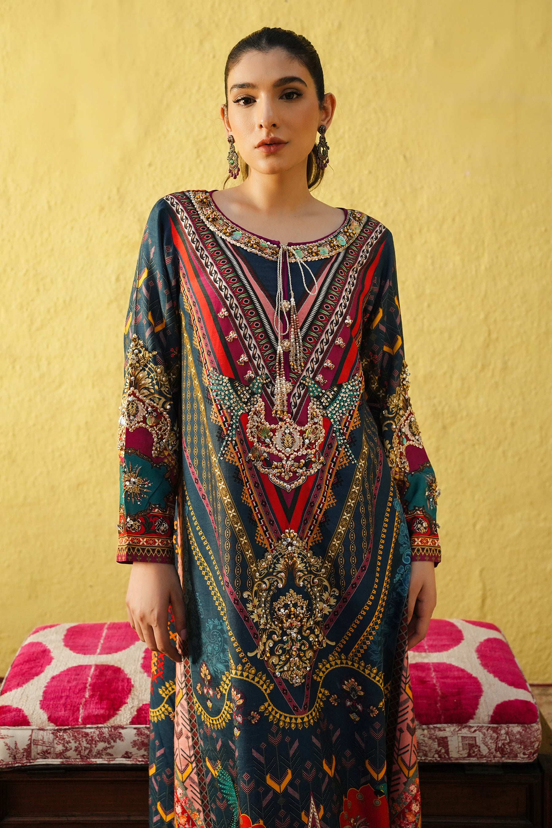 Multi-Blue Hand-Embellished Raw Silk Kaftan (2-Piece) - Image 6