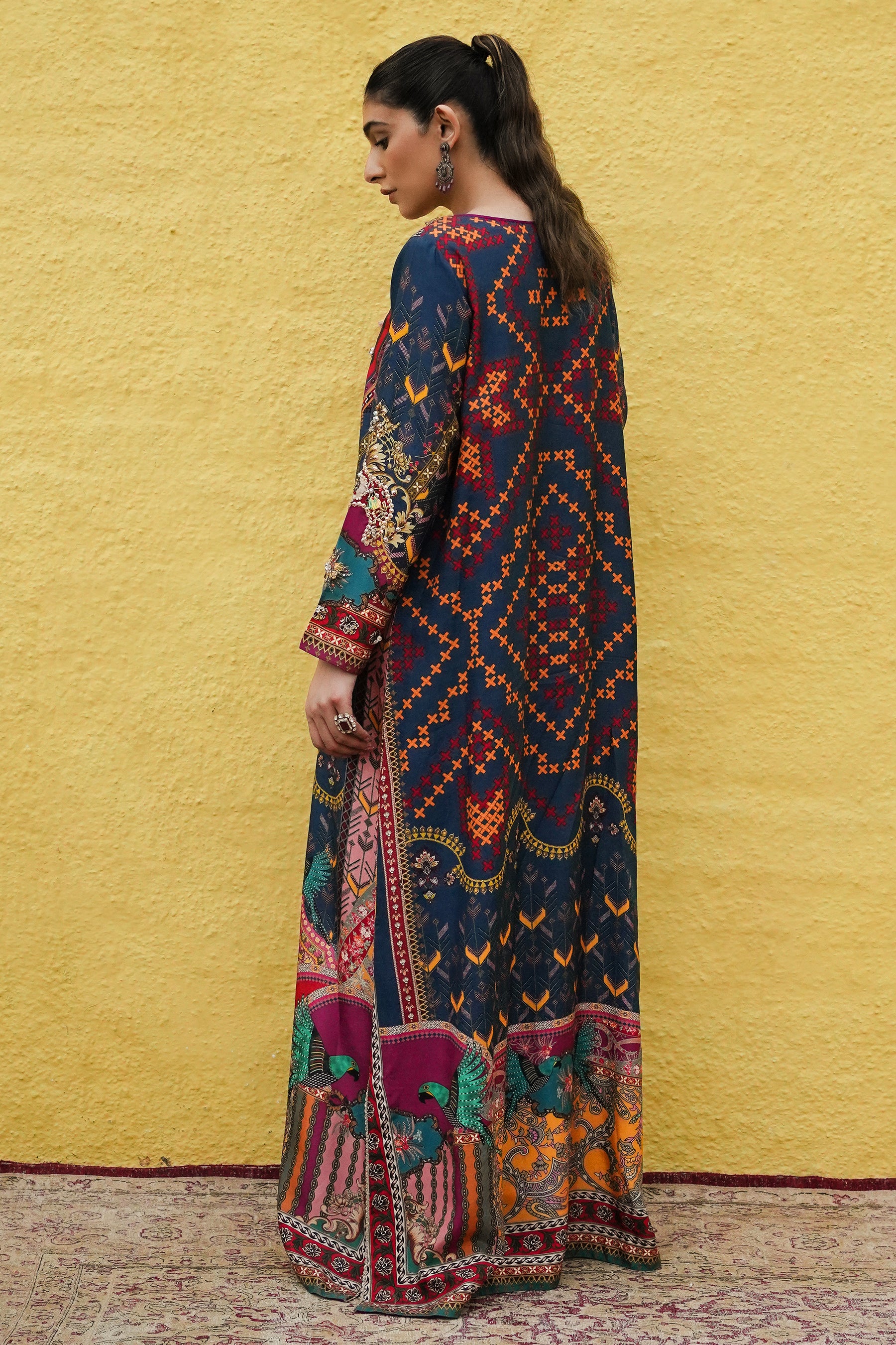 Multi-Blue Hand-Embellished Raw Silk Kaftan (2-Piece) - Image 7