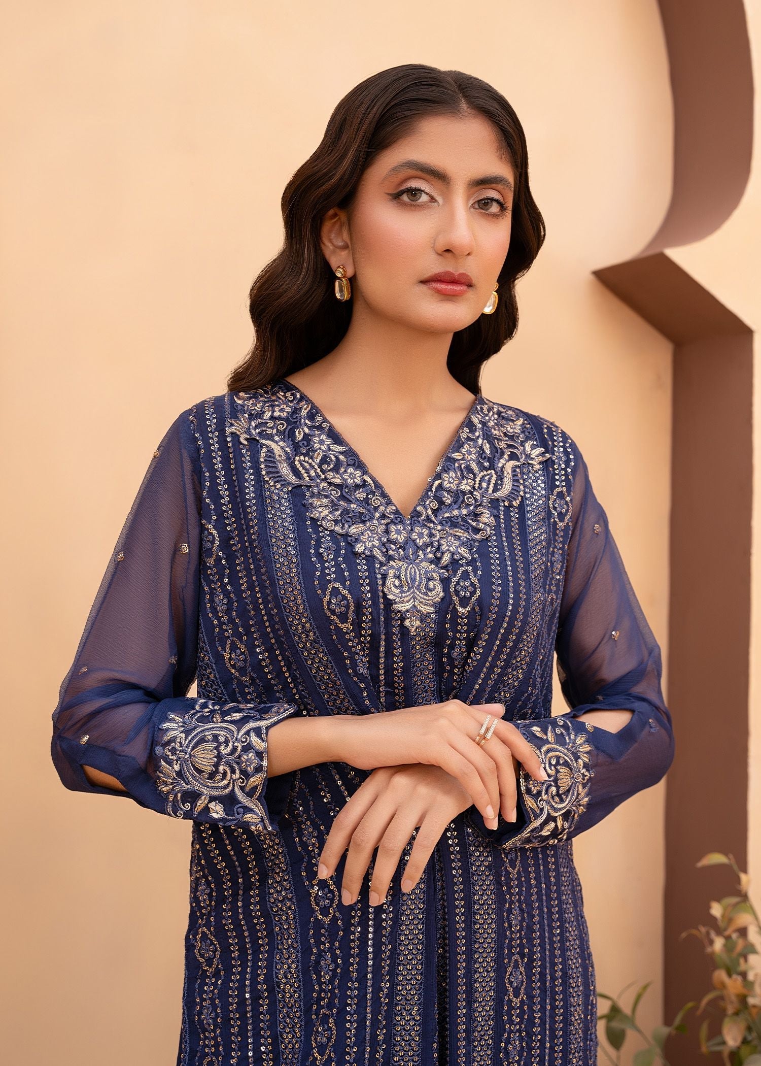 Jewel Blue Embroidered Chiffon Kaftan Set (2-Piece) - Image 5