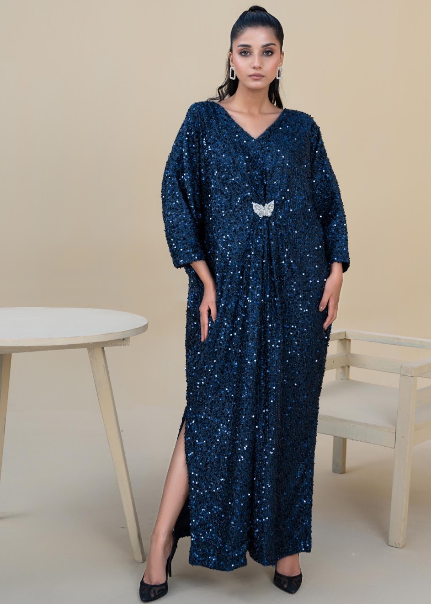 Pakistani Sapphire Blue Sequin Chiffon Net Kaftan (1-Pc) - Image 2