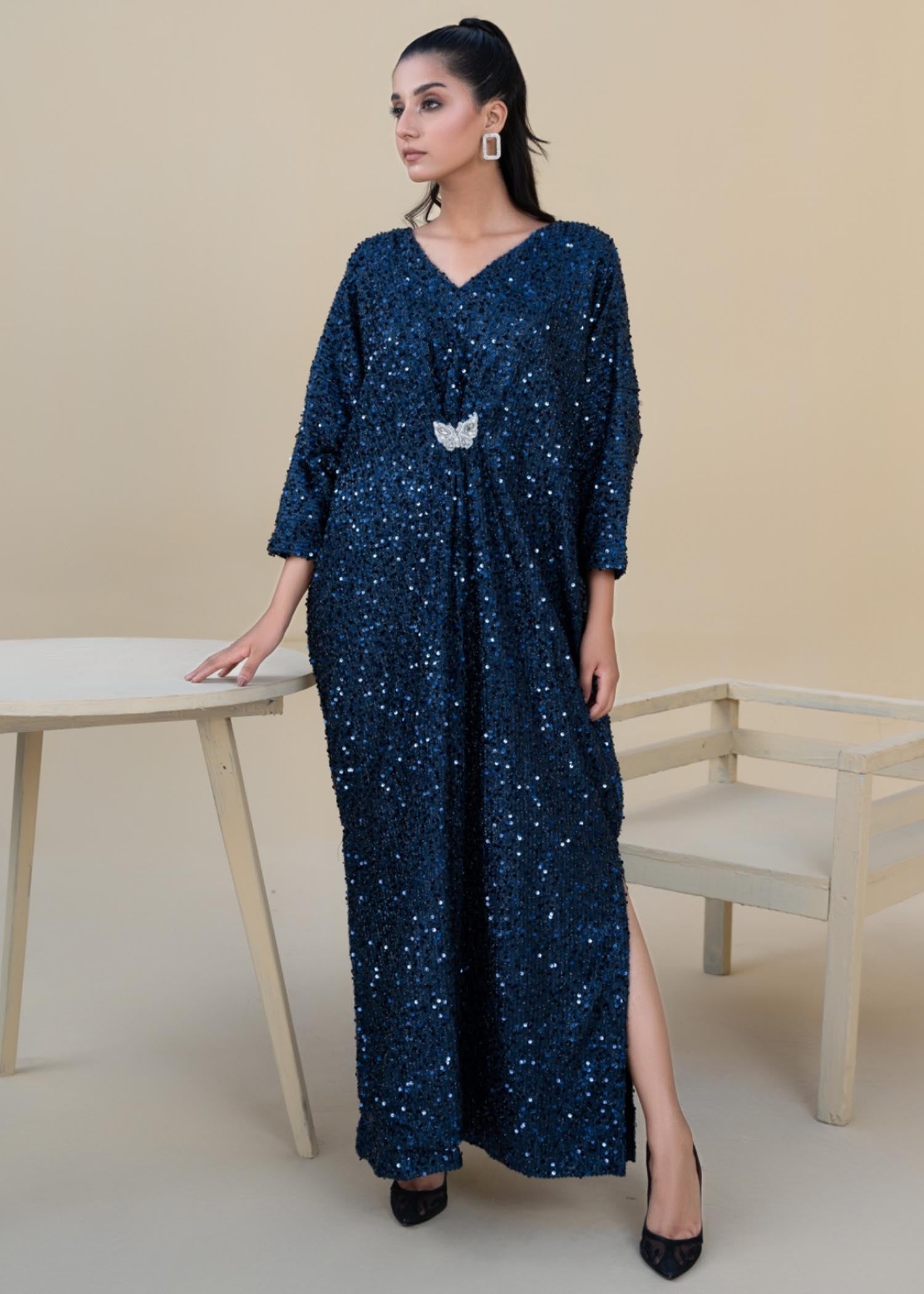 Pakistani Sapphire Blue Sequin Chiffon Net Kaftan (1-Pc) - Image 3