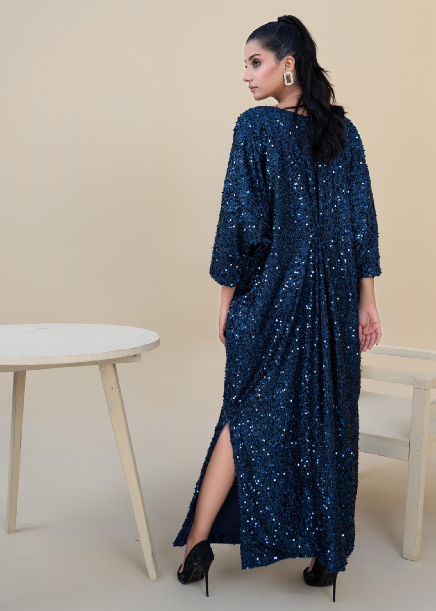 Pakistani Sapphire Blue Sequin Chiffon Net Kaftan (1-Pc) - Image 4