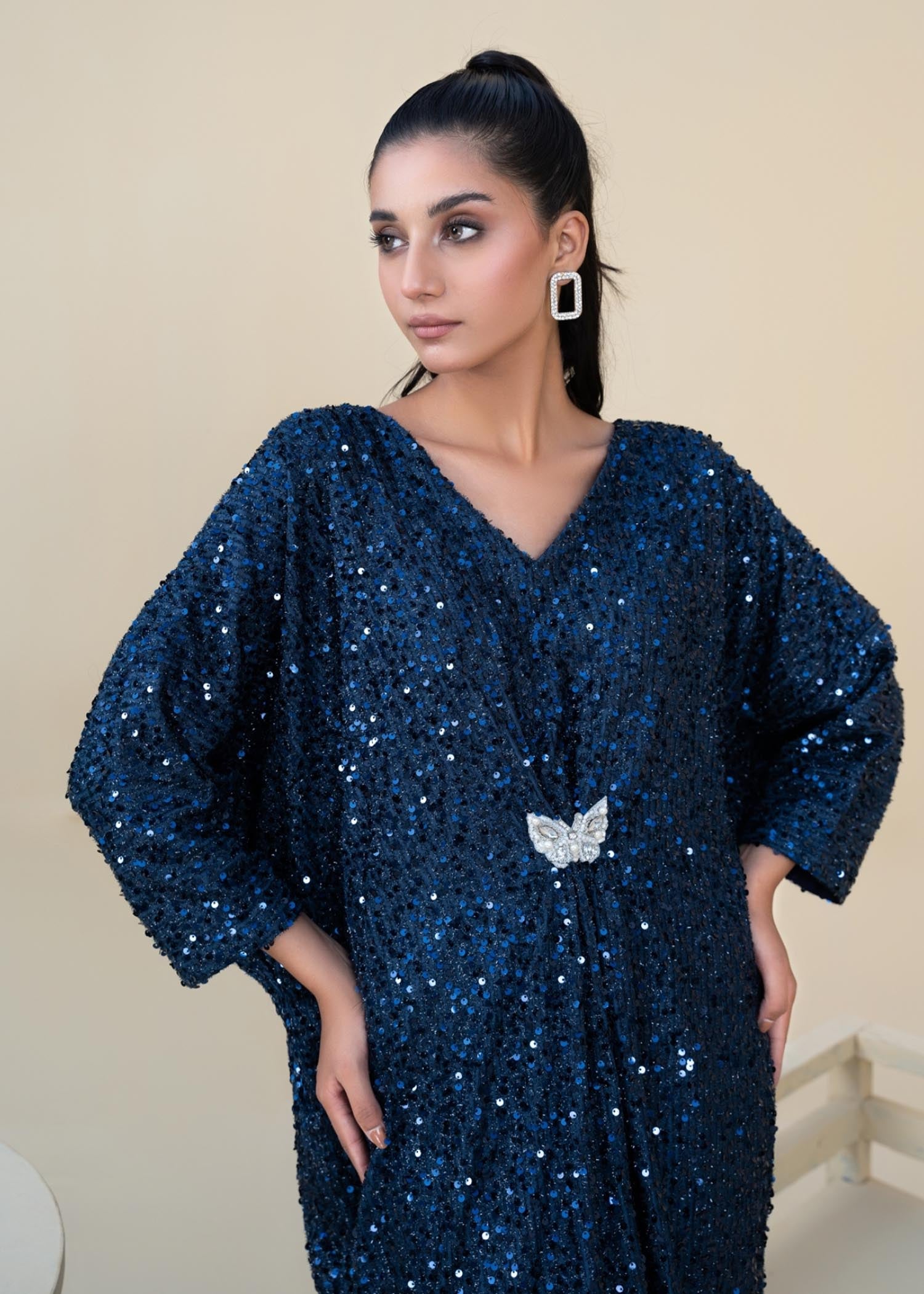Pakistani Sapphire Blue Sequin Chiffon Net Kaftan (1-Pc) - Image 5