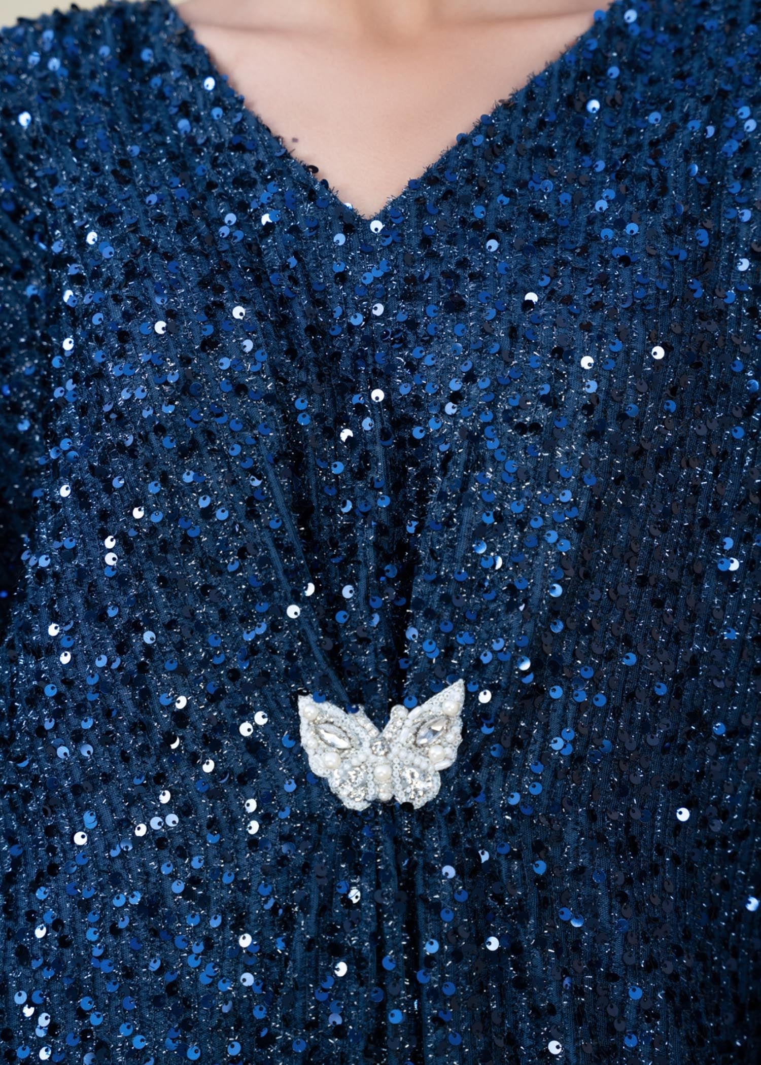 Pakistani Sapphire Blue Sequin Chiffon Net Kaftan (1-Pc) - Image 6