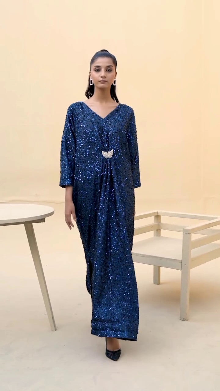 Pakistani Sapphire Blue Sequin Chiffon Net Kaftan (1-Pc) - Image 8