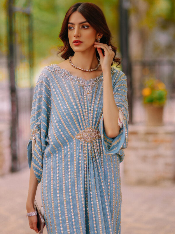 Sky Blue Sequined Chiffon Kaftan (1-Pc) - Image 1
