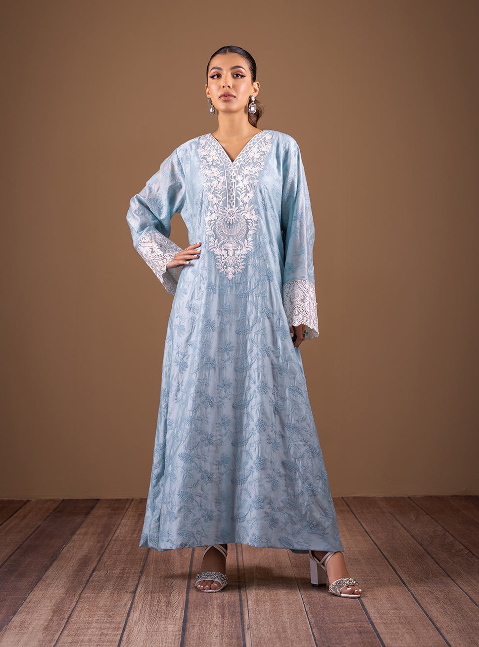 Pakistani Ice Blue Hand Embroidered Cotton Silk Kaftan (2-Piece) - Image 1